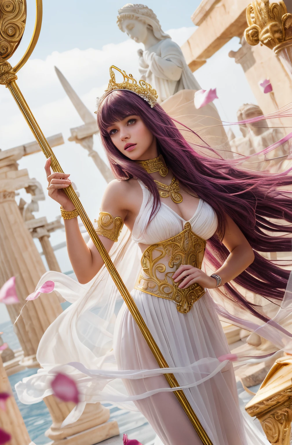 a pretty young woman with purple hair, beautiful detailed eyes, beautiful detailed lips, extremely detailed face, long eyelashes, portrait, greek goddess, athena goddess of wisdom and war, intricate ornate armor, elegant flowing dress, dramatic lighting, cinematic composition, digital painting, vibrant colors, masterpiece, photorealistic, hyperrealistic, 8k, best quality