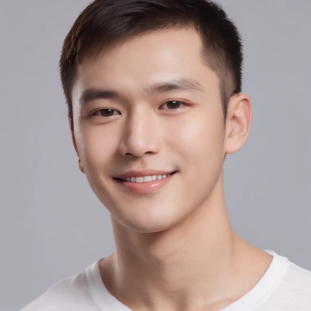 (Photo: 1.3) in the (Realistic: 1.3), East Asian Men, buzzcut,Soft light, Clear face, front, ((White T-shirt)), Cheerful, Warm light, ((Gray-white gradient background)), Smile, (Background)) ,avatar,(Short hair),Handsome,年轻,,Short hair,((avatar))