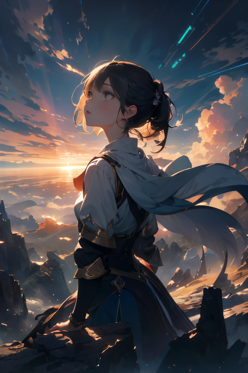 absurdres, highres, (official art, beautiful and aesthetic:1.2), close view,
shining sky, vast world, girl, gazing, awe-inspiring expression, distant horizon, clouds, high hill, natural beauty, inspiration, light effects,