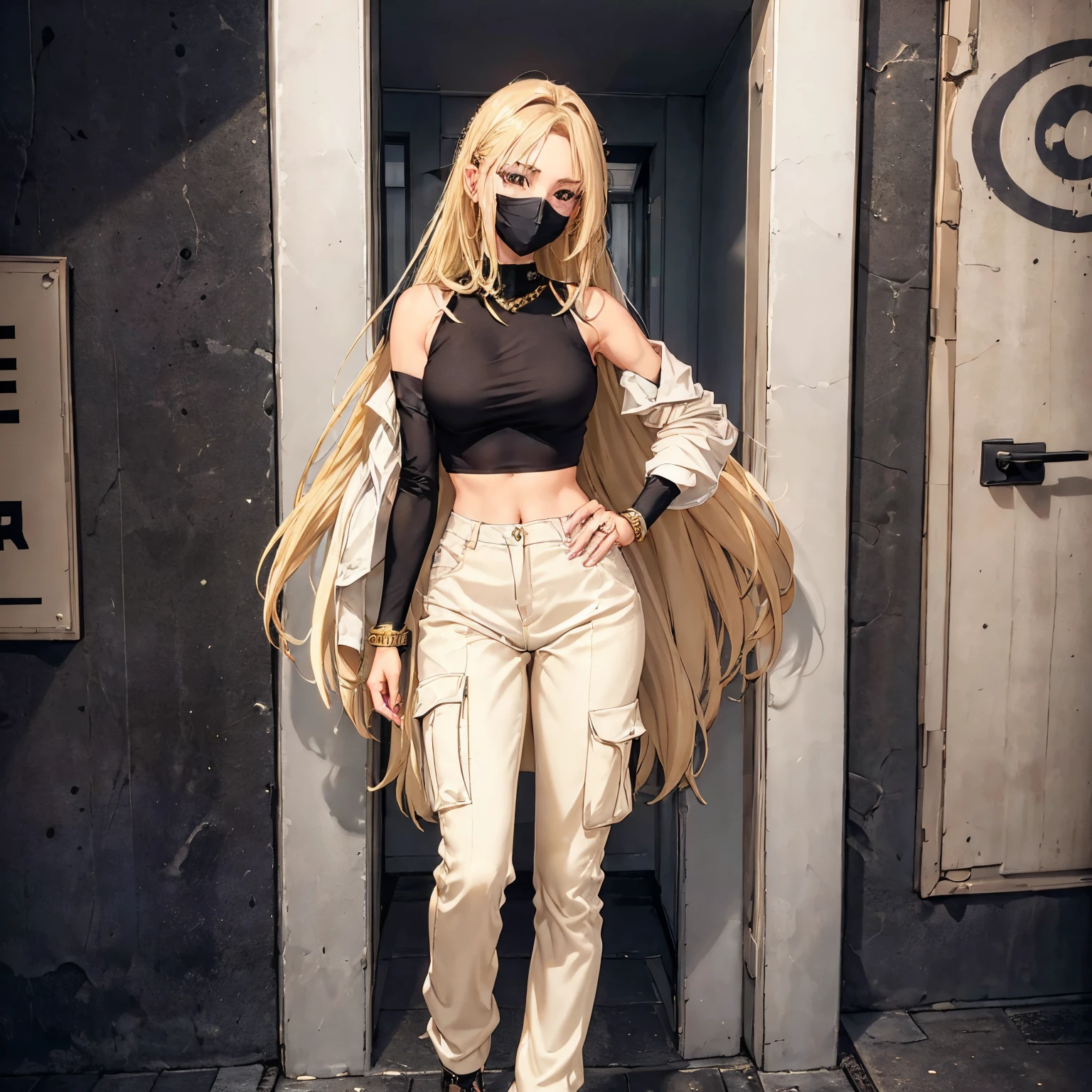 (tall,strong,confident) woman in a (white coat) with a (dark blue crop top) and (beige cargo pants). She has (ripped sleeves) and (long blonde hair) flowing down to her waist. Her face is covered by a (white mask with black markings), giving her an air of mystery. On her wrists and feet, she wears (golden bead bracelets) that add a touch of elegance. The (white coat) contrasts with her (golden hair) and the dark colors of her outfit, creating a visually striking image.

The woman stands tall, exuding (confidence) and (strength). She has a commanding presence, owning the space around her. Her (long blonde hair) cascades down her back, adding movement and a sense of dynamism to the scene. The (ripped sleeves) of her coat suggest a rebellious nature, while the (beige cargo pants) imply a practical and versatile style.

The choice of a (white mask with black markings) adds intrigue and a hint of danger. It obscures her face, making it difficult to discern her true emotions and intentions. The contrasting colors of the mask create a bold visual element, drawing attention to her face and adding an Element of mystery to the overall composition.

The (golden bead bracelets) on her wrists and feet bring a touch of glamour and femininity to the scene. They catch the light, glinting and shimmering with every movement, reflecting her inner strength and confidence.

Overall, the image captures a (tall,strong,confident) woman with a striking sense of style. The combination of her (white coat), (dark blue crop top), and (beige cargo pants) creates a visually appealing and harmonious color palette. Her long blonde hair and the golden accessories add a touch of elegance and glamour to the scene. The (ripped sleeves) and hint at a rebellious and mysterious nature. The image is of (high quality) and has (realistic,photorealistic) details, reflecting the beauty and complexity of the subject. One woman, one female