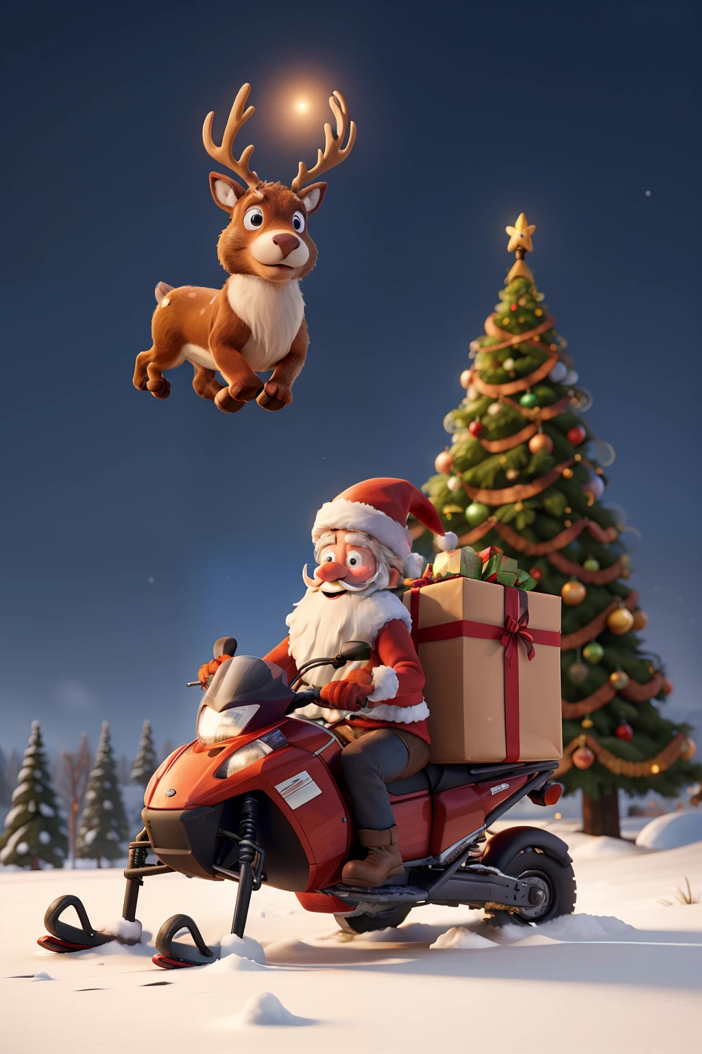 The Christmas reindeer courier leaps up on a snowmobile, carrying a huge Christmas gift package, 45-degree side view, holding the handlebars with both hands, leaning forward, flying in the air with a Santa hat, and a huge antler with bells tied to it.