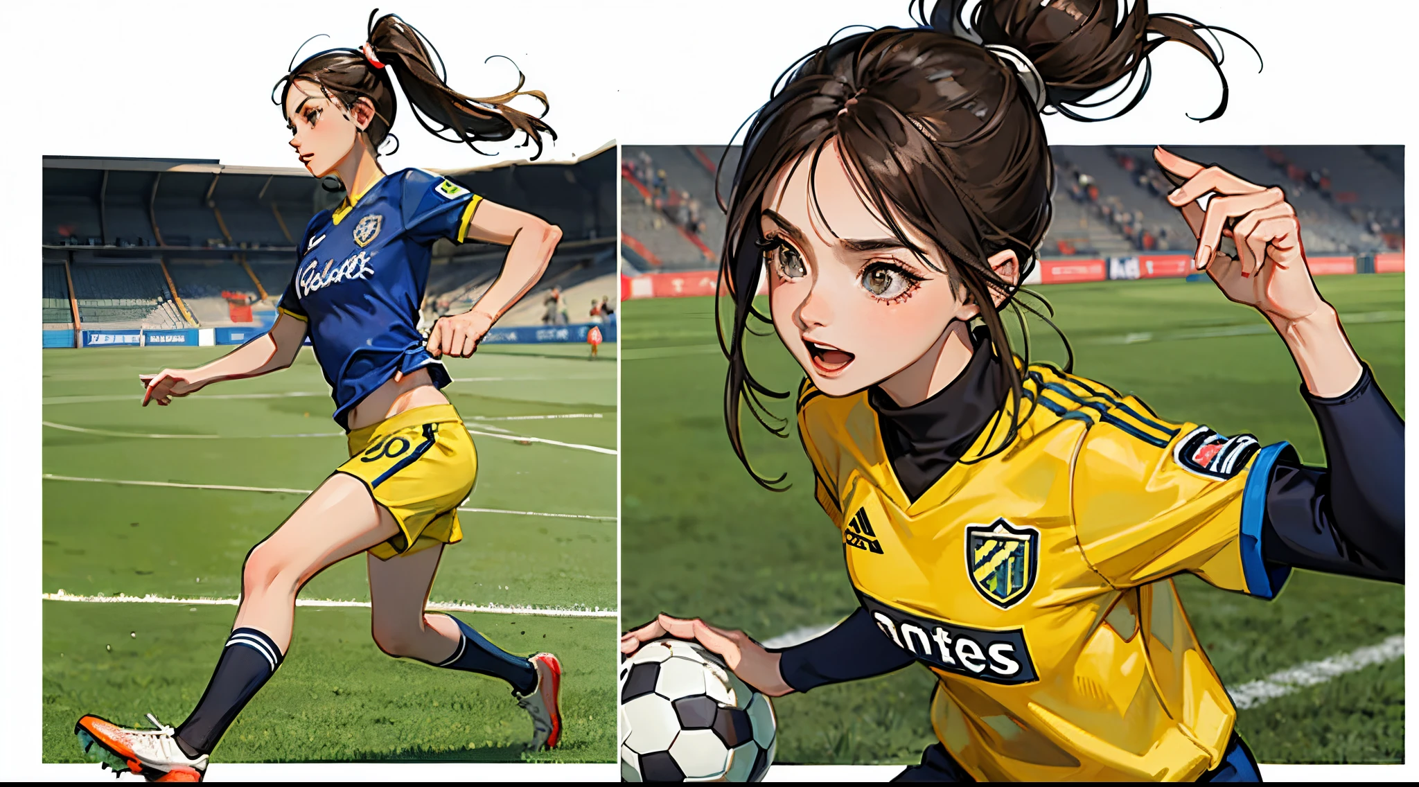 (cuerpo collage), La misma mujer, futbolista, coraje, Jugar, correr, Soccer field background,  soccer uniform, sportswear