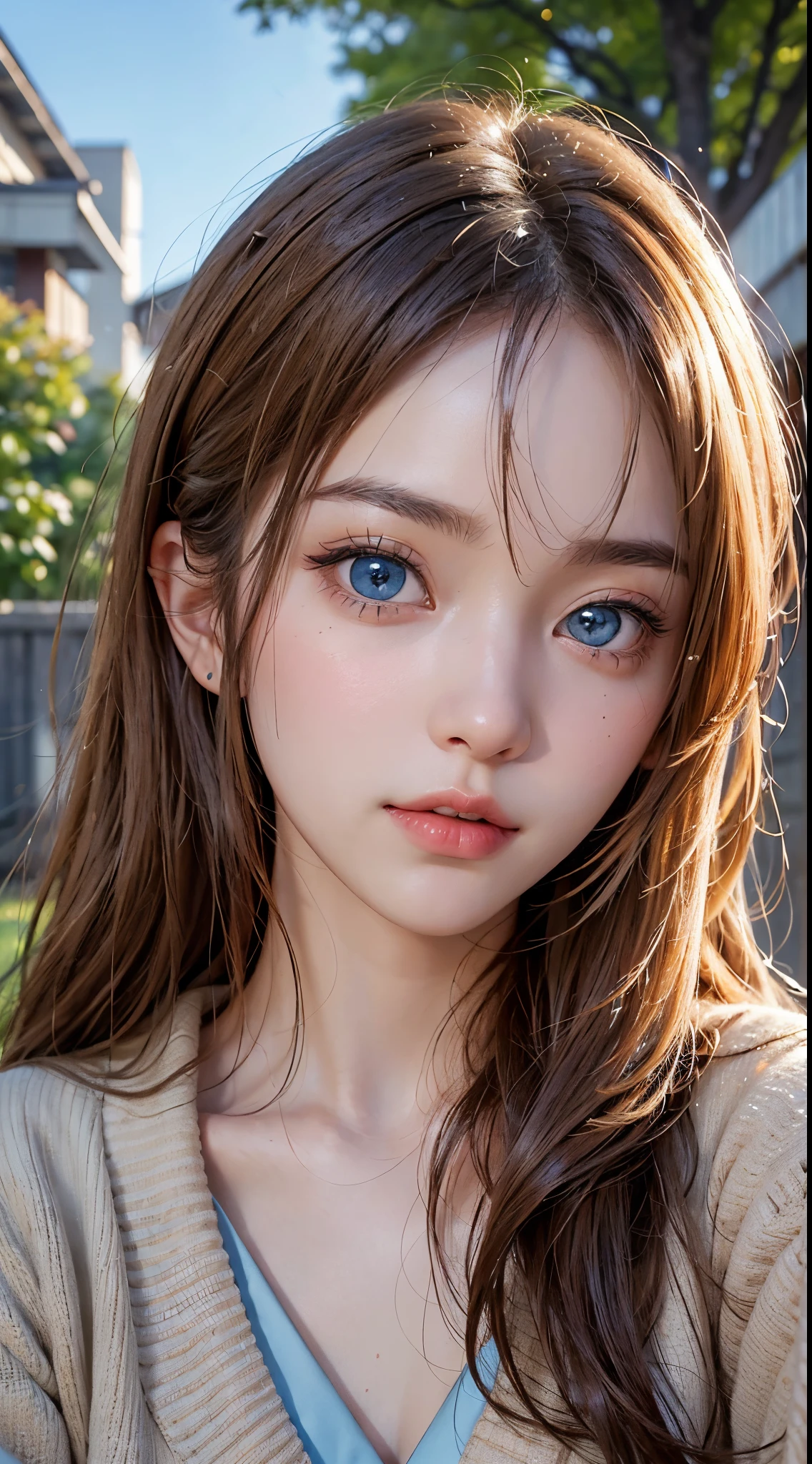 About 20 years old、Japan Women、Beautiful woman、Blonde straight long hair、Beautiful hair、A detailed face、Detailed eyes、A detailed face、Detailed skin、realskin、((Pajamas、Brown cardigan))、autumn hospital、Hospital garden、Large ginkgo tree、((light blue eyes))