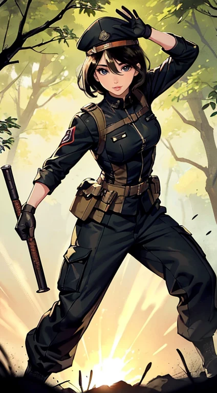 ((masterpiece、ultra fine photos、top-quality、超A high resolution、Photorealsitic、foco nítido、(bustshot、Focus from the chest up、Beautiful Female Soldier, Filipino woman, 24 years old)))、delicated face、((tanned bronze skin、amber eyes、Black Shorthair))、Military Cap、Army camouflage uniform、Camouflage long trousers、Black combat gloves、Black Tactical Vest、Detailed face and chest depiction、Detailed hand depiction、combat pose、Dynamic action、in woods、watching at viewers