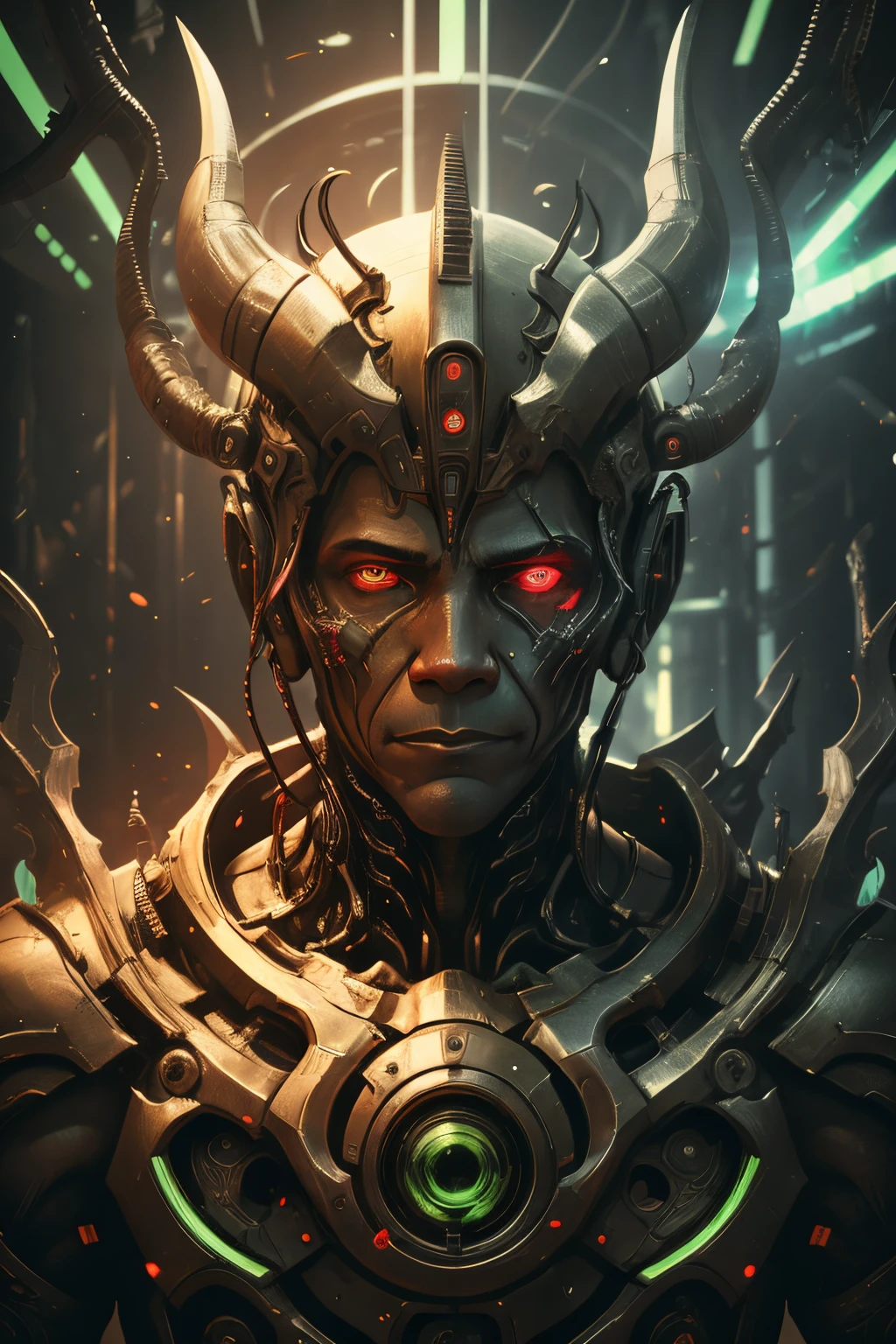obama, netherworld chaos, covered on green lights, portrait, cybernetic eye