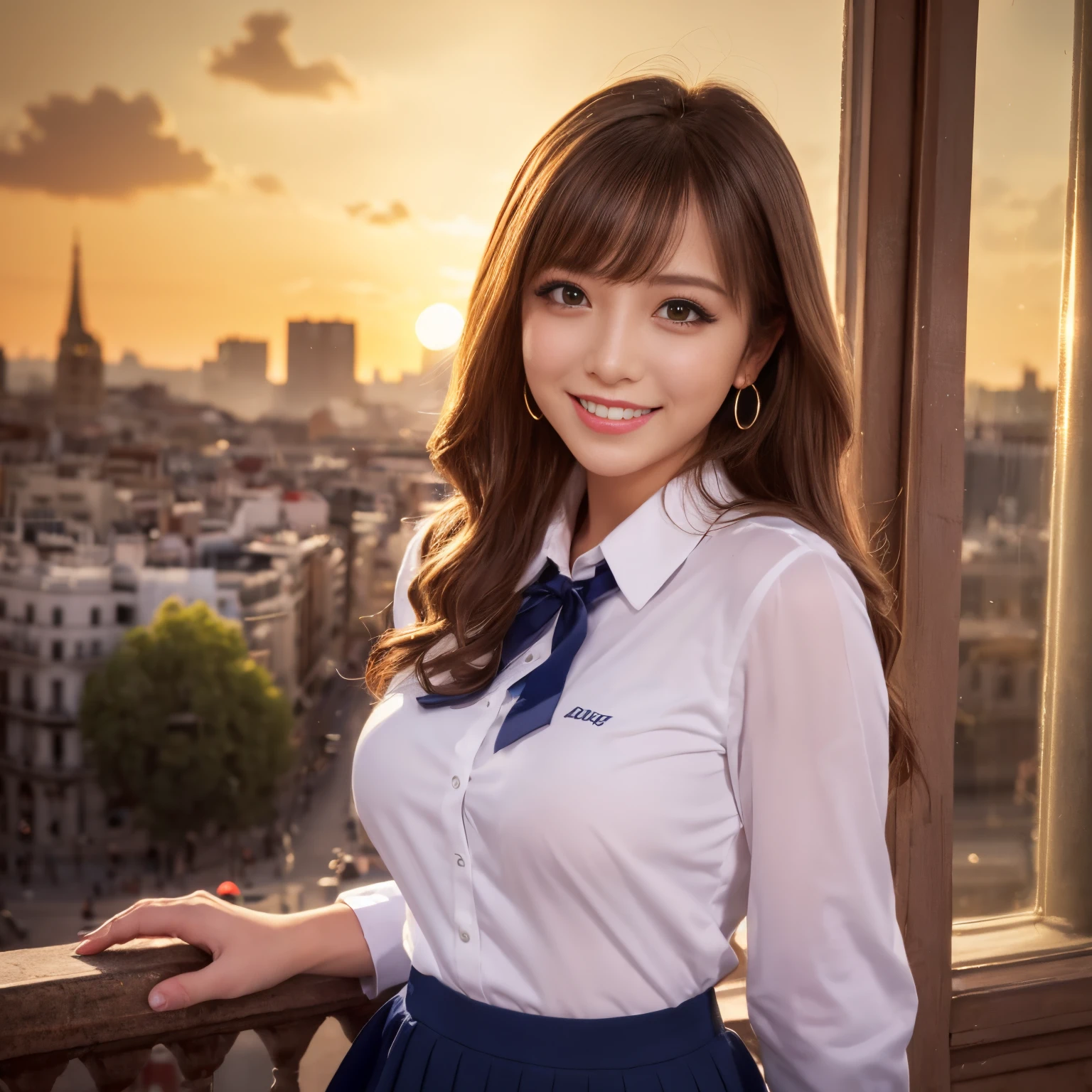 ((Best Quality, masutepiece, 超A high resolution、The most complex and detailed depictions))、1 schoolgirl、High School Uniform,white  shirt,Ribbon on the chest,Navy skirt、cowboy  shot、Hair swaying in the wind、Recreating the perfect details of Madrid、romantic madrid sunset、Beautiful sunset on background、Detailed background of madrid、big ben madrid、View me、Detailed and crisp backgrounds、large full breasts、Biggest smile、The happiest smile、Beautiful sunset、brilliant sunset、Perfect makeup、Long Wave Hair