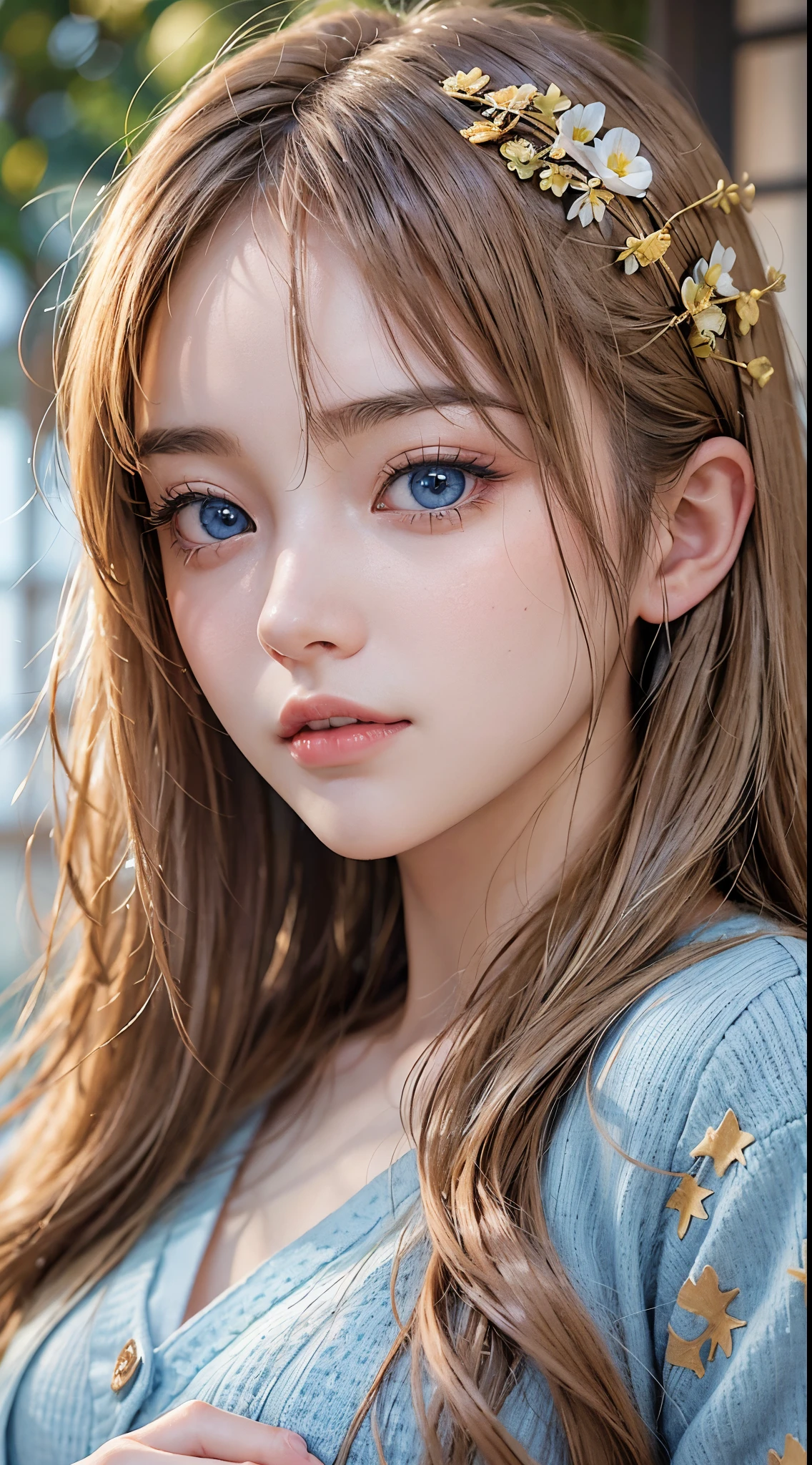 About 20 years old、Japan Women、Beautiful woman、Blonde straight long hair、Beautiful hair、A detailed face、Detailed eyes、A detailed face、Detailed skin、realskin、((Pajamas、Brown cardigan))、autumn hospital、Hospital garden、Large ginkgo tree、((light blue eyes))