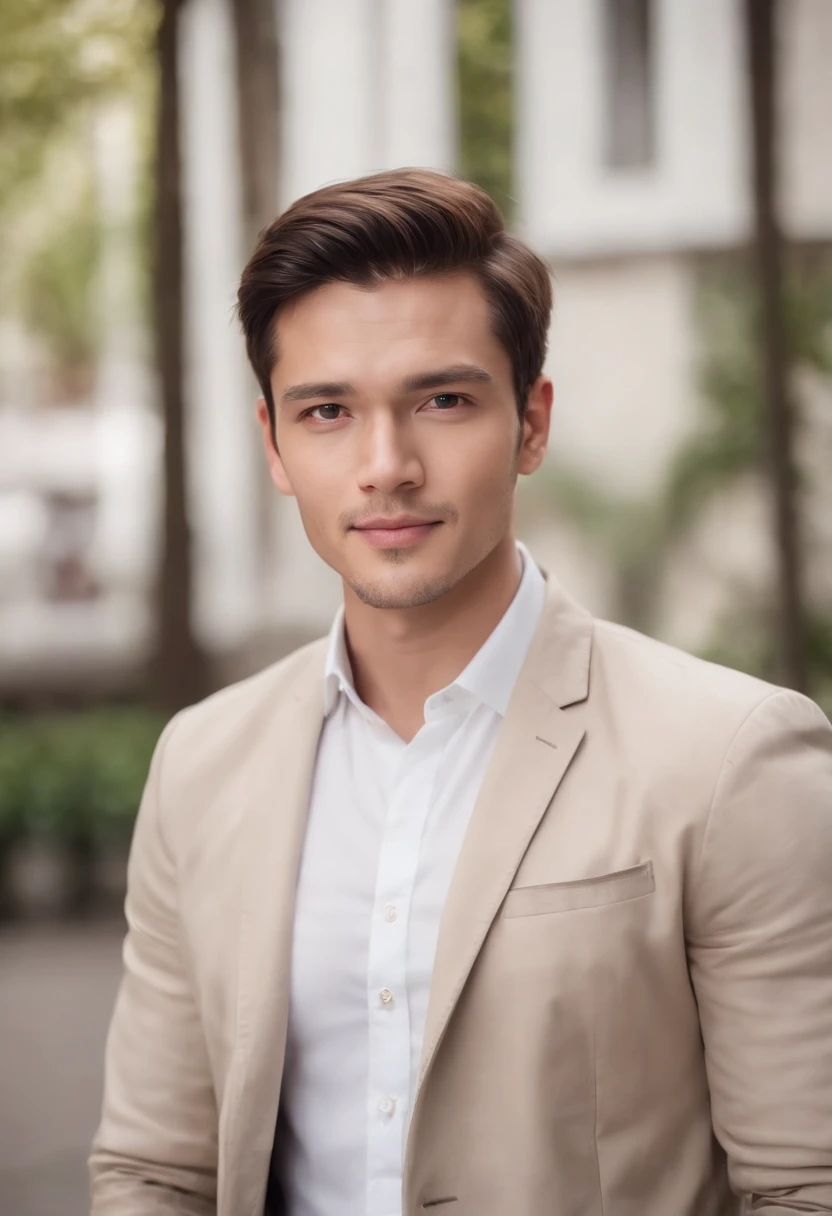 Portrait of handsome man 30 years old round face cinematic appearance、White shirt and jacket、Looking straight ahead at the camera、Gentle expression、Gentle eyes、Brown jacket、Smiling