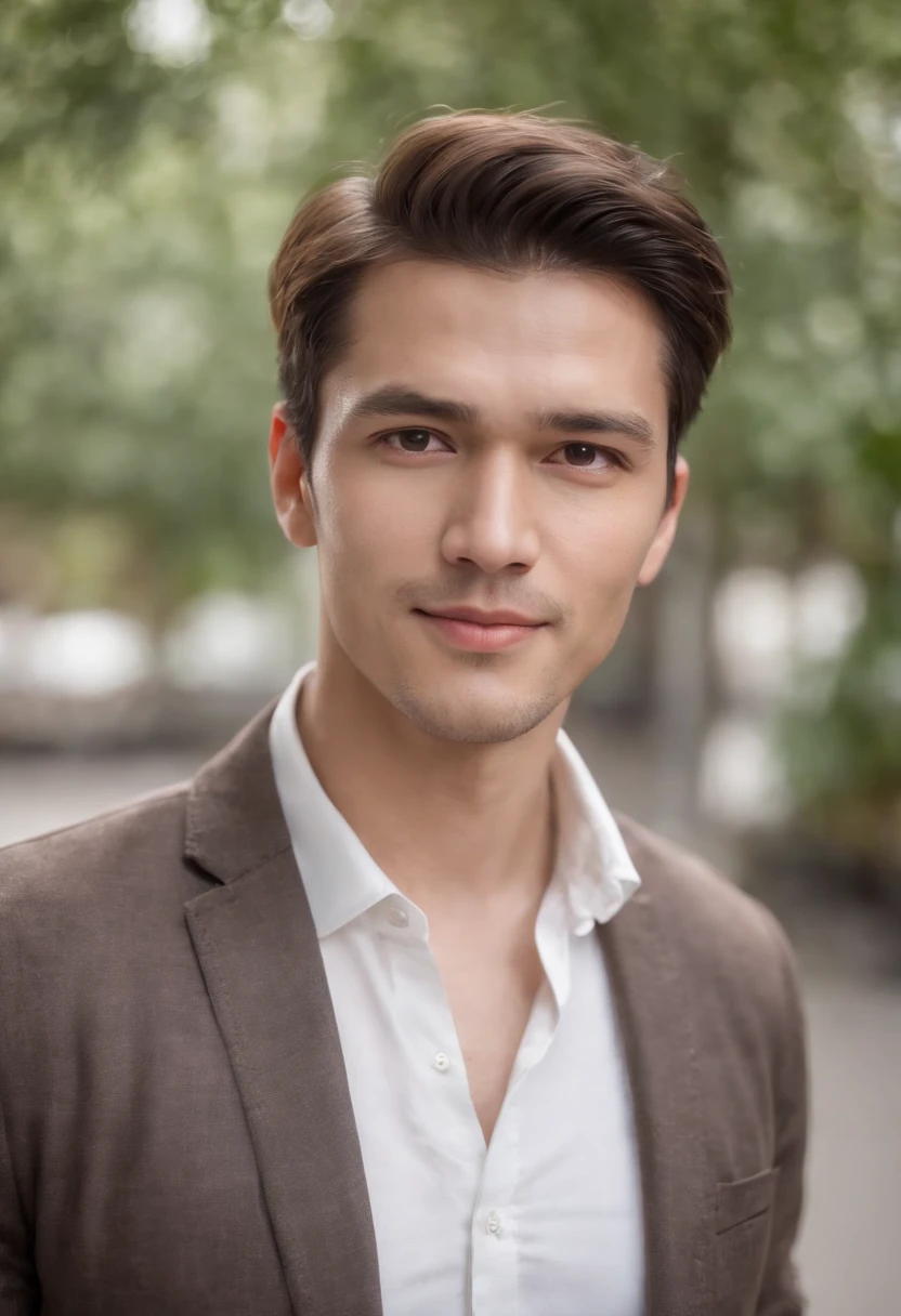 Portrait of handsome man 30 years old round face cinematic appearance、White shirt and jacket、Looking straight ahead at the camera、Gentle expression、Gentle eyes、Brown jacket、Smiling