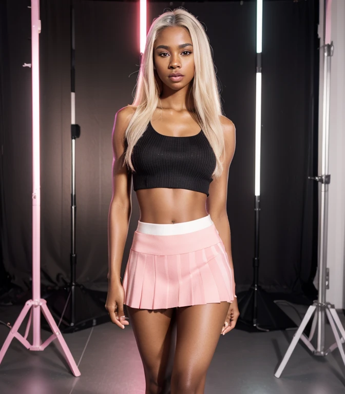 solo full shot of a very attractive ((brown skin young woman ))she is beautiful and petite wearing a black and pink skirt set ((lifelike skin texture)) ((very detailed image )) she has a petite figure ((stunning eyes and a sharp nose)) a perfect ((blonde white hair))UHD, a Masterpiece,Realistic textures,(( hyper-realistic)), 8k, photorealistic, XT3 grain,Fujifilm((ines c dos santos)) standing in a (( professional lighting ))studio (( black and pink stripes trending skirt and top set outfit )) black and pink stripes baddie look with jordan shoes