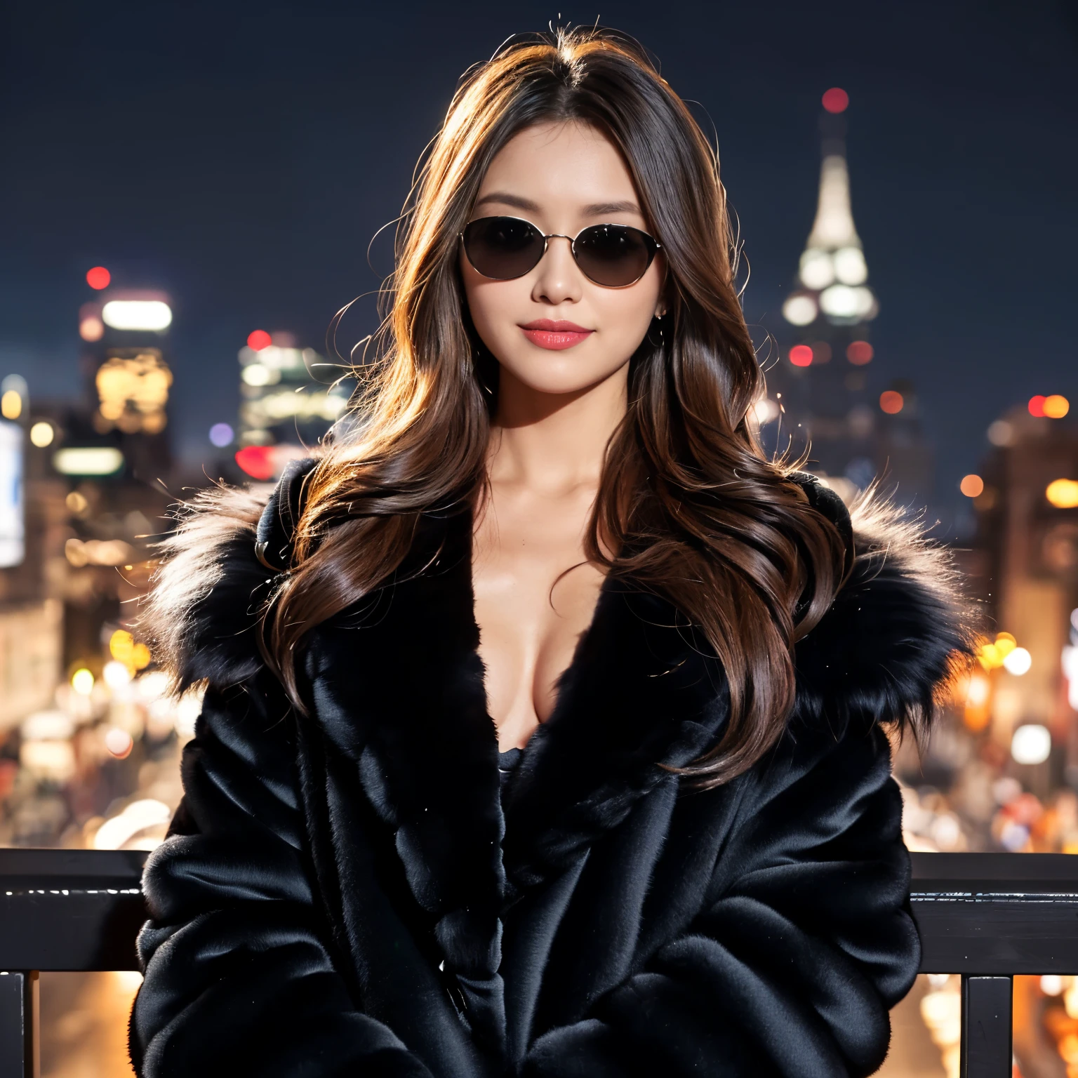 ((top-quality、masutepiece、8K、Top image quality、Hyper-Realism、SFW、1 photo))、1 female、(large full breasts)、Pregnancy、Mafia female boss、A cool smile staring at me、View me、Full body photo、perfect anatomia、(The most luxurious and dignified huge fur coat:1.3)、(Very high quality fluffy fur:1.5)、(Lots of fluffy fur:1.3)、(the most luxurious black huge fur coat:1.3)、(black glowing sunglasses:1.2)、Gorgeous accessories、Long Wave Hair、(Midnight cityscape:1.4)