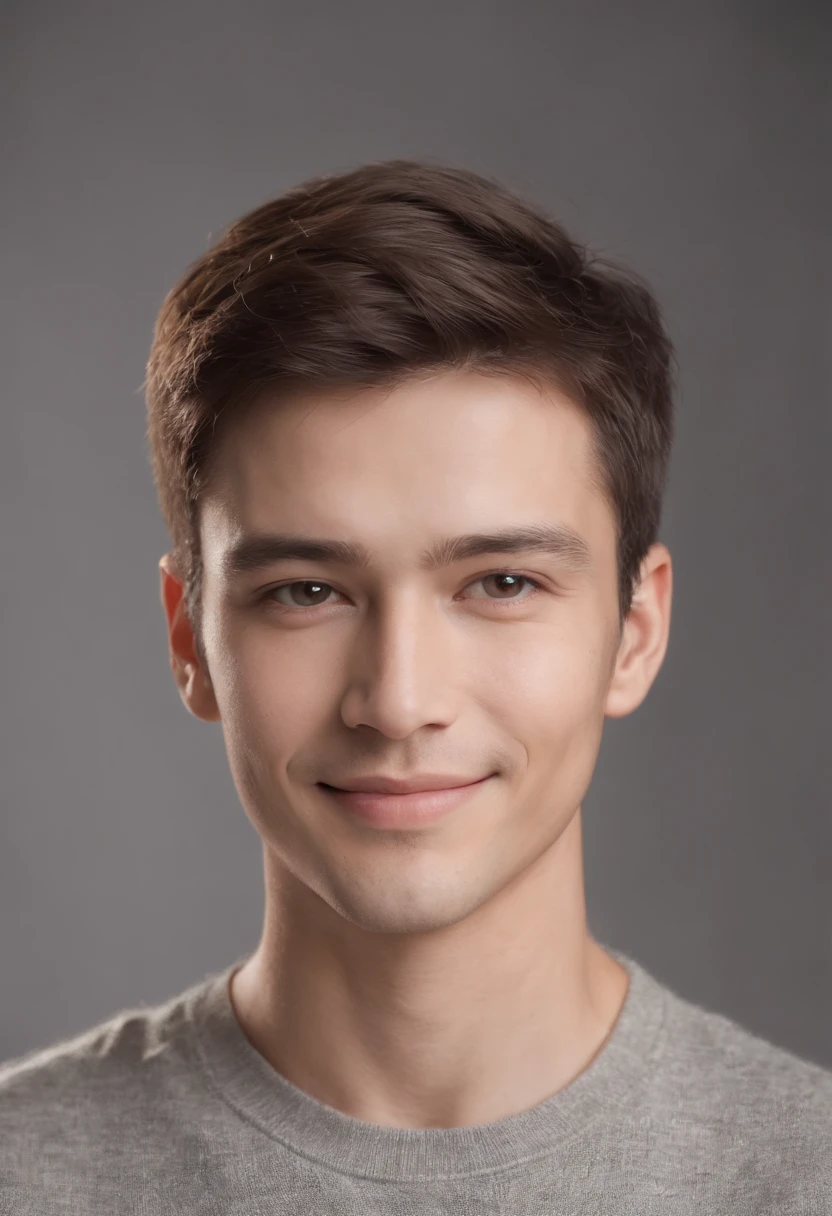 (Photo: 1.3) in the (Photorealistic: 1.3), Male Avatar, Soft light, Facial Focus, Happy, Cheerful, Smiling, Warm light, ((Solid color background)), (( Gray background)). ((Gray wall background)), avatar, (long or short hair), Smile, Handsome, 年轻,, Short hair, Smile