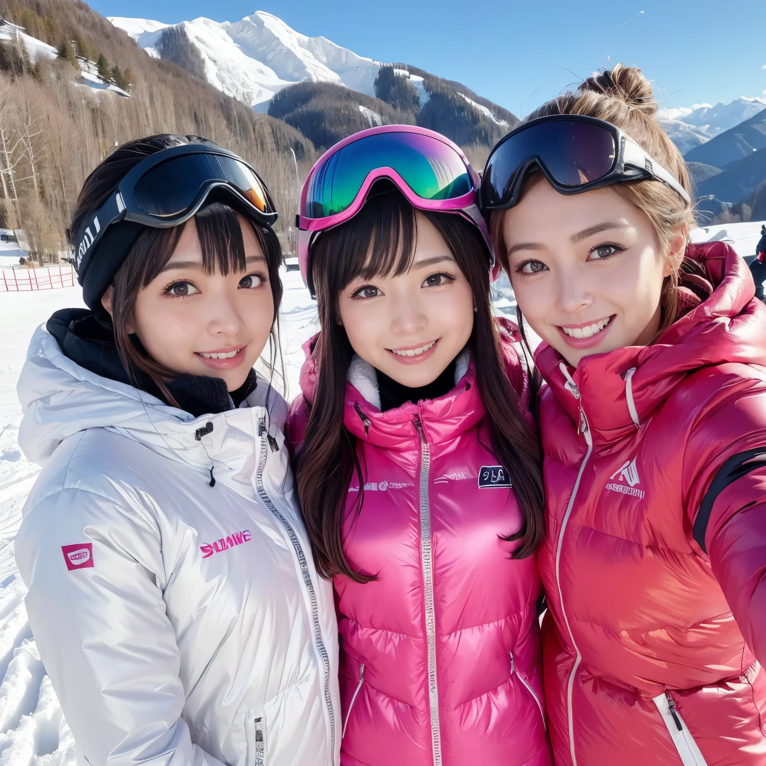 ((Best Quality, masutepiece, 超A high resolution))、女の子1人、Ski Gloves、(Pink and white ski wear:1.2)、(perfect ski wear:1.3)、cowboy  shot、the best smile when you look at me、large full breasts、snowscape、rays of sunshine、The background is a ski resort、perfect and detailed ski area、(accurate anatomy:1.2、(1 photo:1.2)