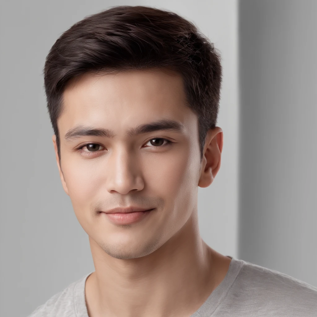 (Photo: 1.3) in the (Realism: 1.3), (hispanic), latino male profile, (Frontal close-up), Soft light, Clear face, Happy, Cheerful, Warm light, White T-shirt, (Off-white background), (Blank background), ((Gray wall background)) avatar, (Short hair), Smile, Handsome, 年轻,, Short hair, Smile, (close-up)