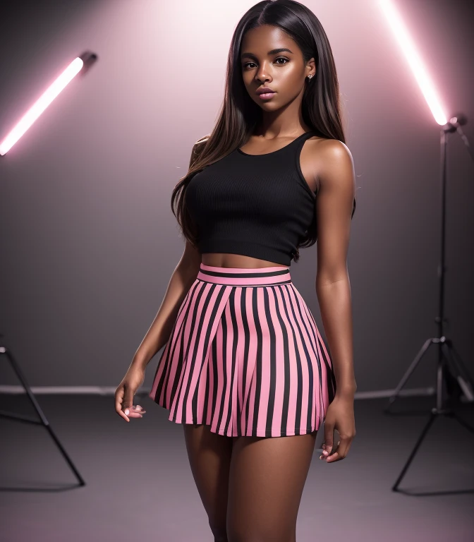 solo full shot of a very attractive ((brown skin young woman ))she is beautiful and petite wearing a black and pink  skirt set ((lifelike skin texture)) ((very detailed image )) she has a petite figure ((stunning eyes and a sharp nose)) a perfect ((blonde white hair))UHD, a Masterpiece,Realistic textures,(( hyper-realistic)), 8k, photorealistic, XT3 grain,Fujifilm((ines c dos santos)) standing in a (( professional lighting ))studio (( black and pink  stripes  trending skirt and top set  outfit )) black and pink  stripes   baddie look with jordan shoes