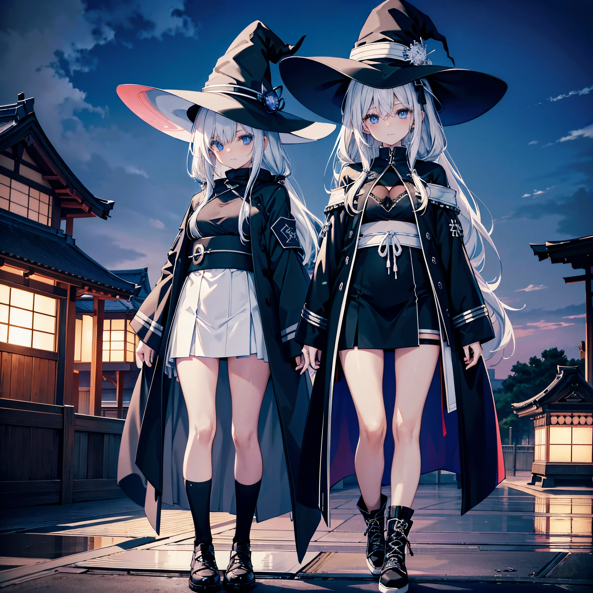 I'm on the roof of a building in Tokyo at midnight.、I can see the night view behind me、There is a night pool where you can see the night view.、two adult women holding guns、A woman with white hair wearing a large black witch hat with a sapphire accessory and a woman with dark brown hair wearing a large black witch hat with a garnet accessory、witch's hat、blue eyes、black wizard coat、White Bikini Bra、Black miniskirt、black sneakers with white laces、Black High Socks、Two-dimensional illustration、Japan Anime、drawn by Japanese ilastrator、high-level image quality、4K picture quality、High Quality、hight resolution、5 million pixels、high détails、beatiful backgrounds