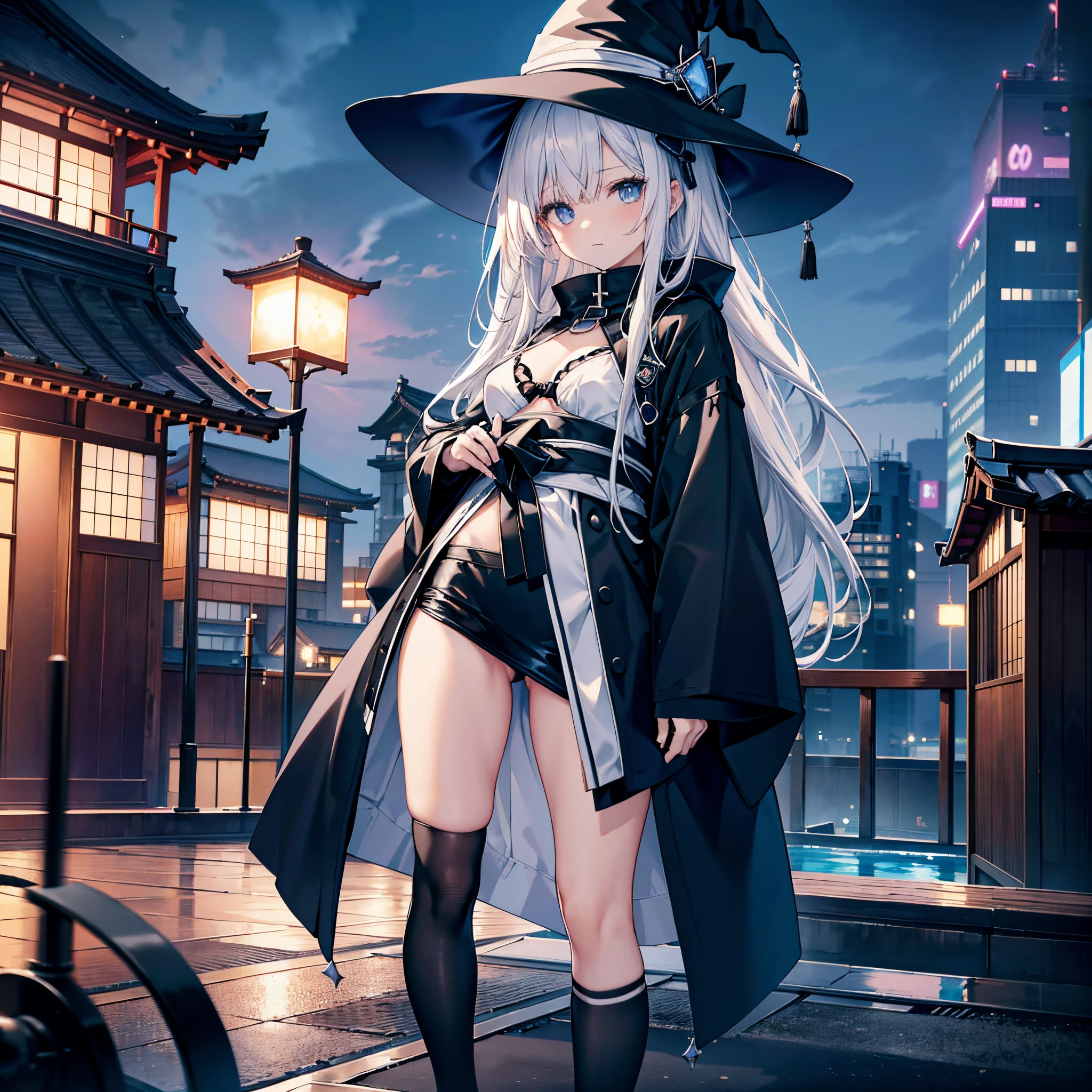 I&#39;m on the roof of a building in Tokyo at midnight.、I can see the night view behind me、There is a night pool where you can see the night view.、two adult women holding guns、A woman with white hair wearing a large black witch hat with a sapphire accessory and a woman with dark brown hair wearing a large black witch hat with a garnet accessory、witch's hat、blue eyes、black wizard coat、White Bikini Bra、Black miniskirt、black sneakers with white laces、Black High Socks、Two-dimensional illustration、Japan Anime、drawn by Japanese ilastrator、high-level image quality、4K picture quality、High Quality、hight resolution、5 million pixels、high détails、beatiful backgrounds