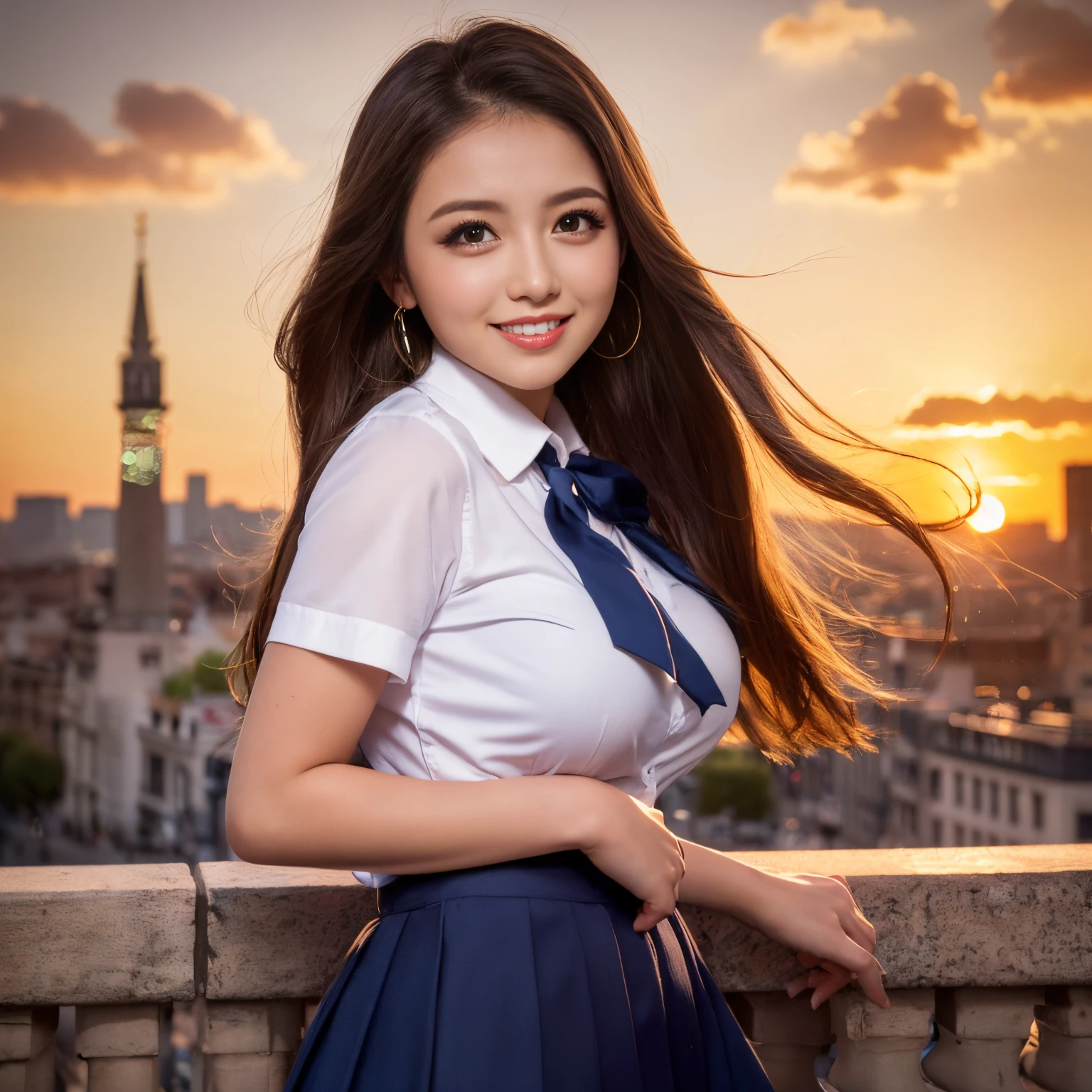 ((Best Quality, masutepiece, 超A high resolution、The most complex and detailed depictions))、1 schoolgirl、High School Uniform,white shirt,Ribbon on the chest,Navy skirt、cowboy shot、Hair swaying in the wind、Recreating the perfect details of Madrid、romantic madrid sunset、Beautiful sunset on background、Detailed background of madrid、big ben madrid、View me、Detailed and crisp backgrounds、large full breasts、Biggest smile、The happiest smile、Beautiful sunset、brilliant sunset、Perfect makeup、Long Wave Hair