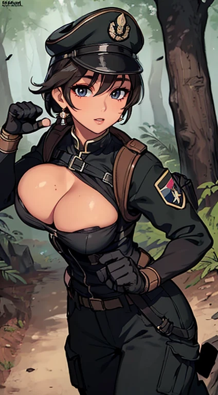 ((masterpiece、ultra fine photos、top-quality、超A high resolution、Photorealsitic、foco nítido、(bustshot、Focus from the chest up、Beautiful Female Soldier, Filipino woman, 24 years old)))、delicated face、((tanned bronze skin、amber eyes、Black Shorthair))、Military Cap、Army camouflage uniform、Camouflage long trousers、Black combat gloves、Black Tactical Vest、Detailed face and chest depiction、Detailed hand depiction、combat pose、Dynamic action、in woods、watching at viewers