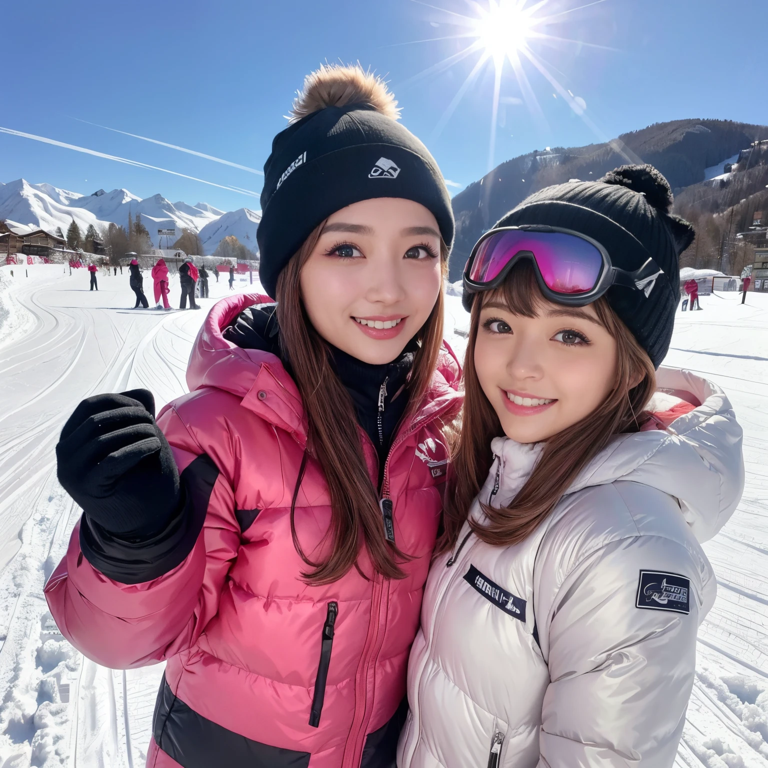 ((Best Quality, masutepiece, 超A high resolution))、女の子1人、Ski Gloves、(Pink and white ski wear:1.2)、(perfect ski wear:1.3)、cowboy shot、the best smile when you look at me、large full breasts、snowscape、rays of sunshine、The background is a ski resort、perfect and detailed ski area、(accurate anatomy:1.2、(1 photo:1.2)