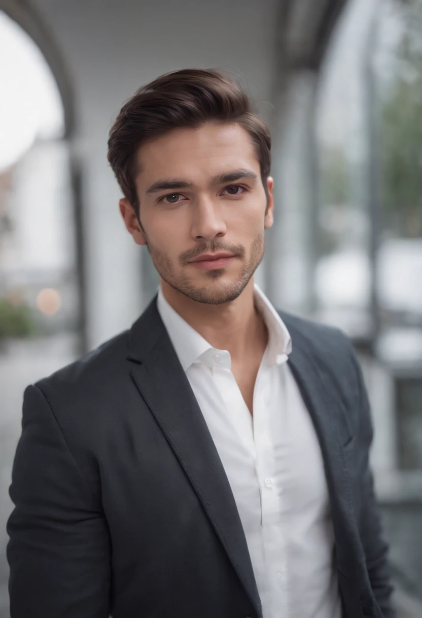 Portrait of a handsome man 30 years old oval face cinematic appearance、White shirt and jacket with collar、Looking at the camera, hispanic