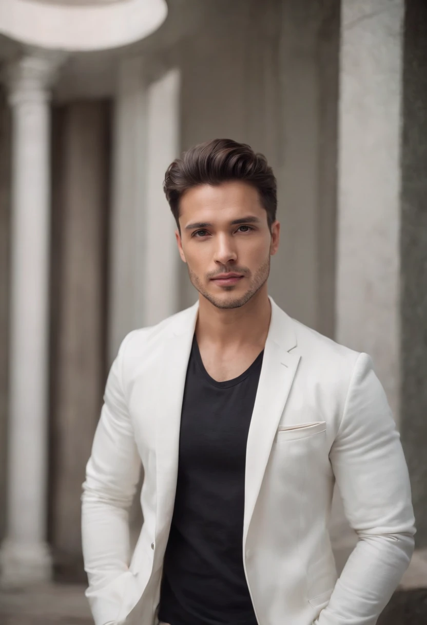 Portrait of a handsome man 30 years old oval face cinematic appearance、White shirt and jacket with collar、Looking at the camera, hispanic
