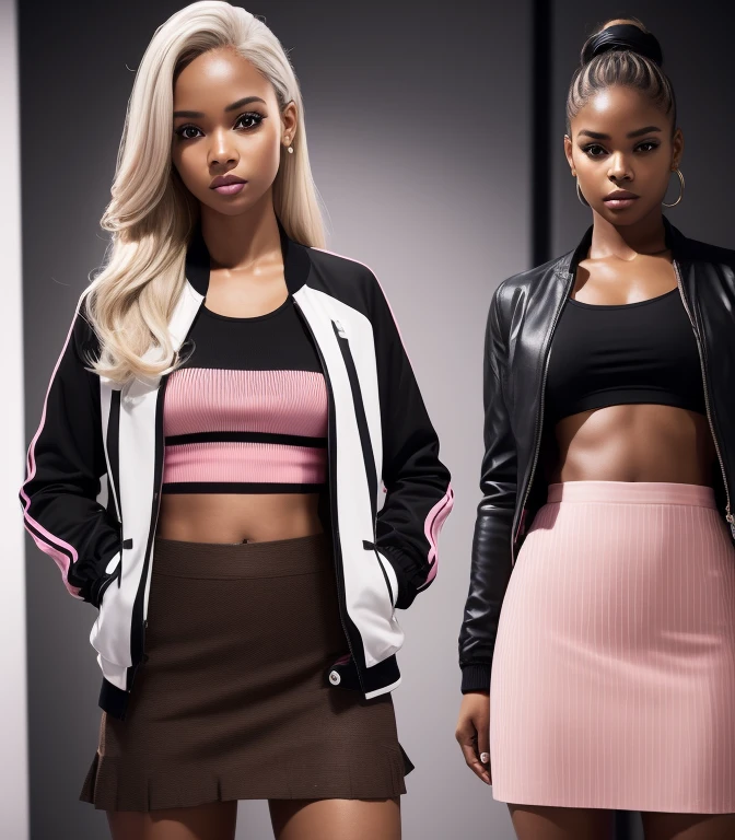 solo full shot of a very attractive ((brown skin young woman ))she is beautiful and petite wearing a black and pink  skirt set with a jacket ((lifelike skin texture)) ((very detailed image )) she has a petite figure ((stunning eyes and a sharp nose)) a perfect ((blonde white hair))UHD, a Masterpiece,Realistic textures,(( hyper-realistic)), 8k, photorealistic, XT3 grain,Fujifilm((ines c dos santos)) standing in a (( professional lighting ))studio (( black and pink  stripes  trending skirt and top set with jacket, trendy  outfit )) black and pink  stripes   baddie look with jordan shoes