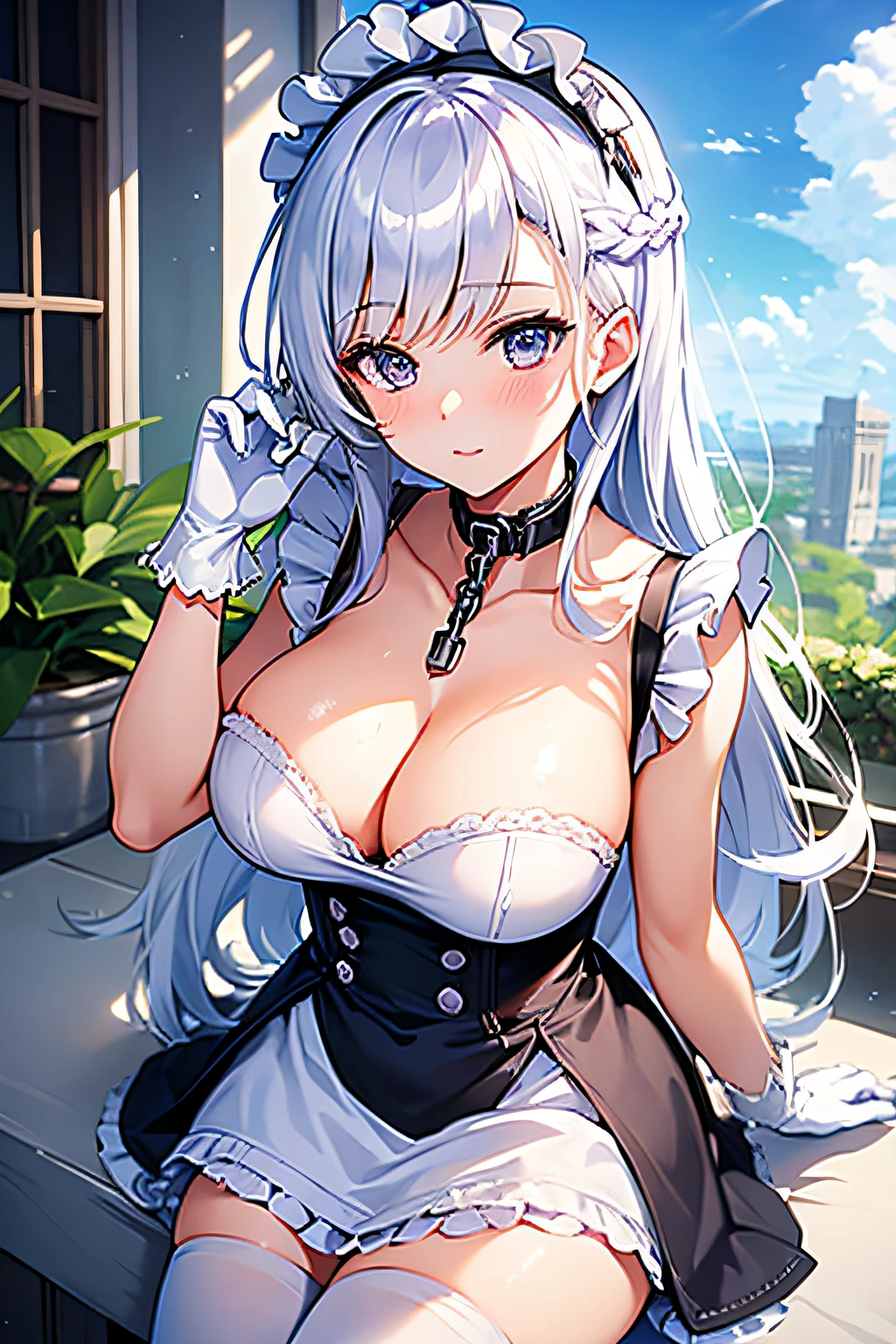 show through,undergarment,(masutepiece, Best Quality:1.2),Illustration,8K,hard disk,1girl in,Solo,very_long_hair,Large_breasts,white_hair,Bangs,cleavage,braid,Blue_Eyes,French_braid,鎖骨,Purple_Eyes,chain,Collar,Dress,frilld,maid,maid_Head dress,white_gloves,white_thighs thighs thighs thighs,maid_Apron,white_Apron,frilld_Apron,greys_hair,frilld_gloves,Blue summer sky,washing,hold the sheet in your hand,look up to,