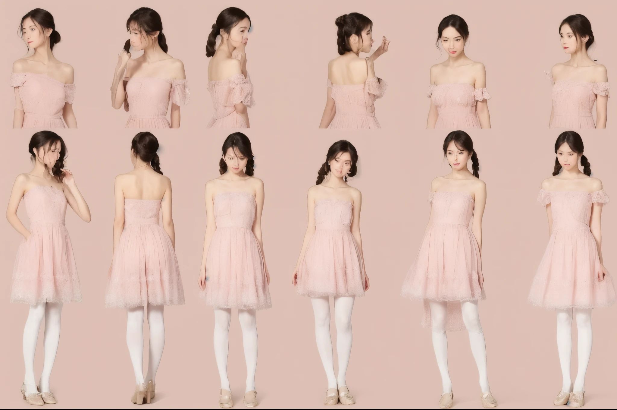 ((reference sheet)), (((a realistic one, detailed art)) , Seven-head body ratio、A girl with super long twin tails reaching her waist. She is wearing a strapless dress, Light pink dress with spaghetti straps，Decorated with floral pattern and small strawberries, Lace trim at neckline. She also paired it with pure white tights (Lace pantyhose). Artwork should include full-body views from the front and back, Her arched feet and diamond ballet flats are clearly visible, and detailed close-ups of her face and shoes......., Similar to previous description，But the perspective or posture is different.