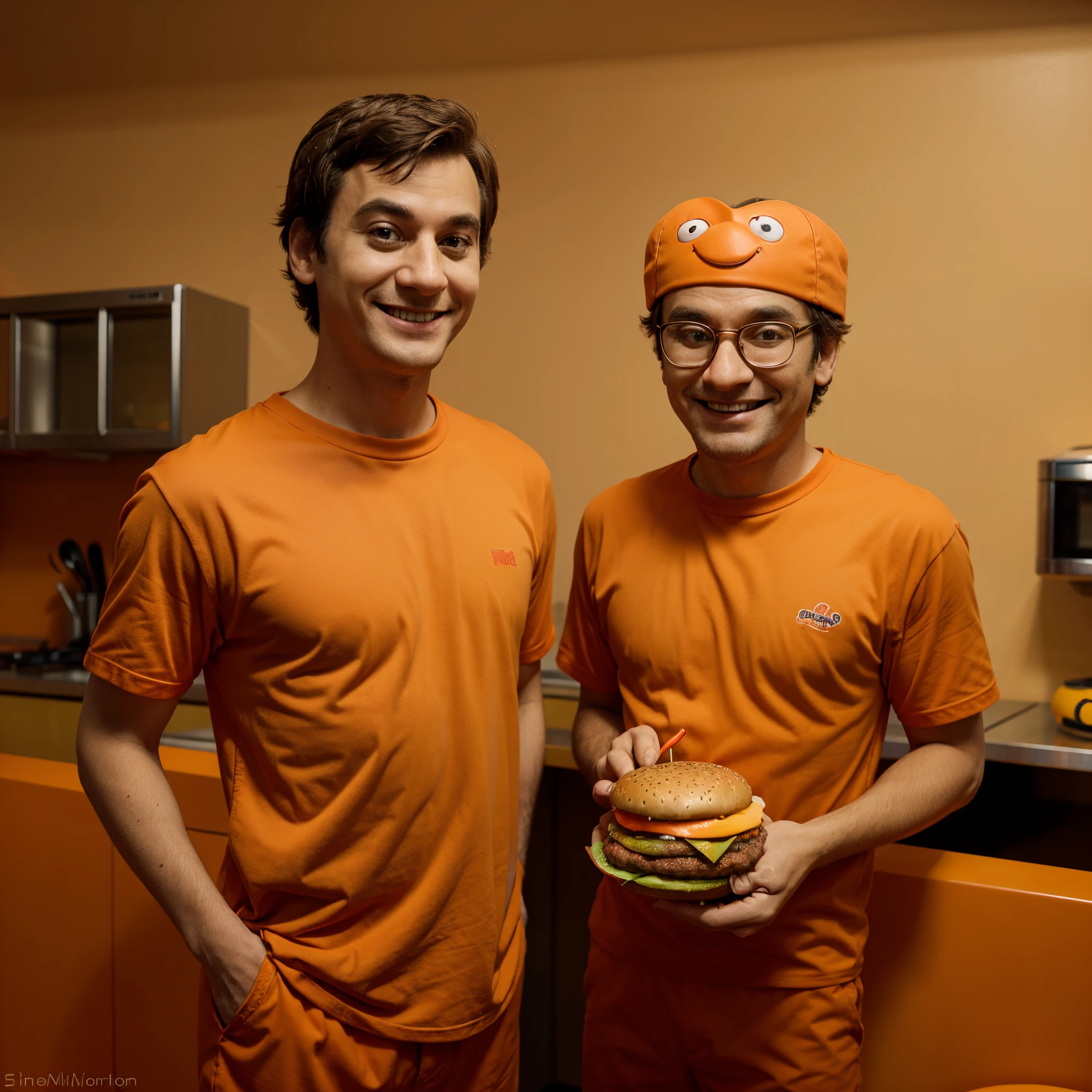 cartoon man standing looking at the camera dressed in an orange shirt while making his burger smiling pixar