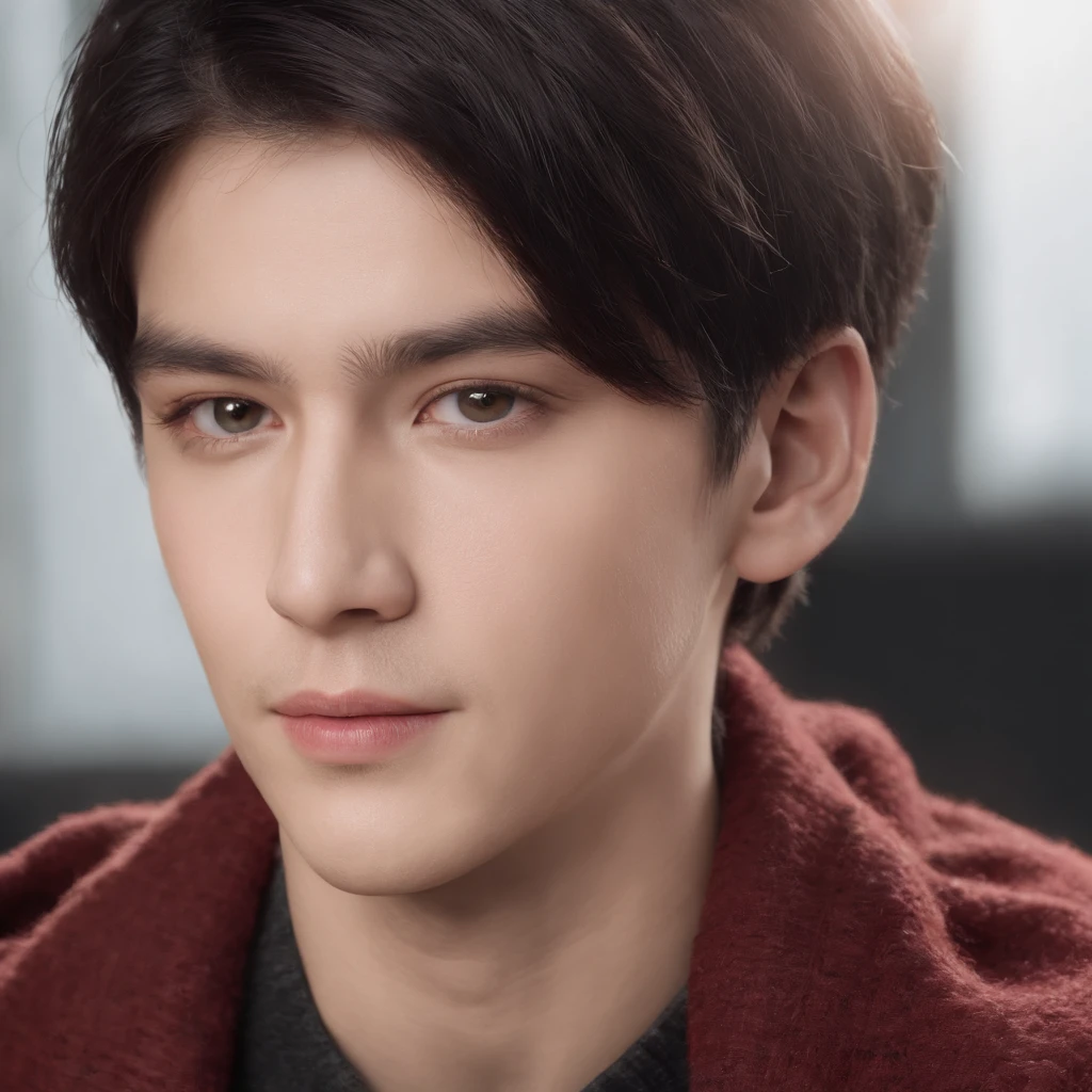 (8K, Raw photo, Best Quality: 1.4), (1boys), Beautiful face, (Realistic face), (Black hair, Short hair:1.3), Nice hairstyle, Realistic eyes, Nice detail eyes, (Realistic skin), Beautiful skins, (Red Sweater), absurd res, enticing, 超A high resolution, Ultra photo realsisim, Very detailed, the golden ratio, Photorealistic, (masutepiece:1.3)