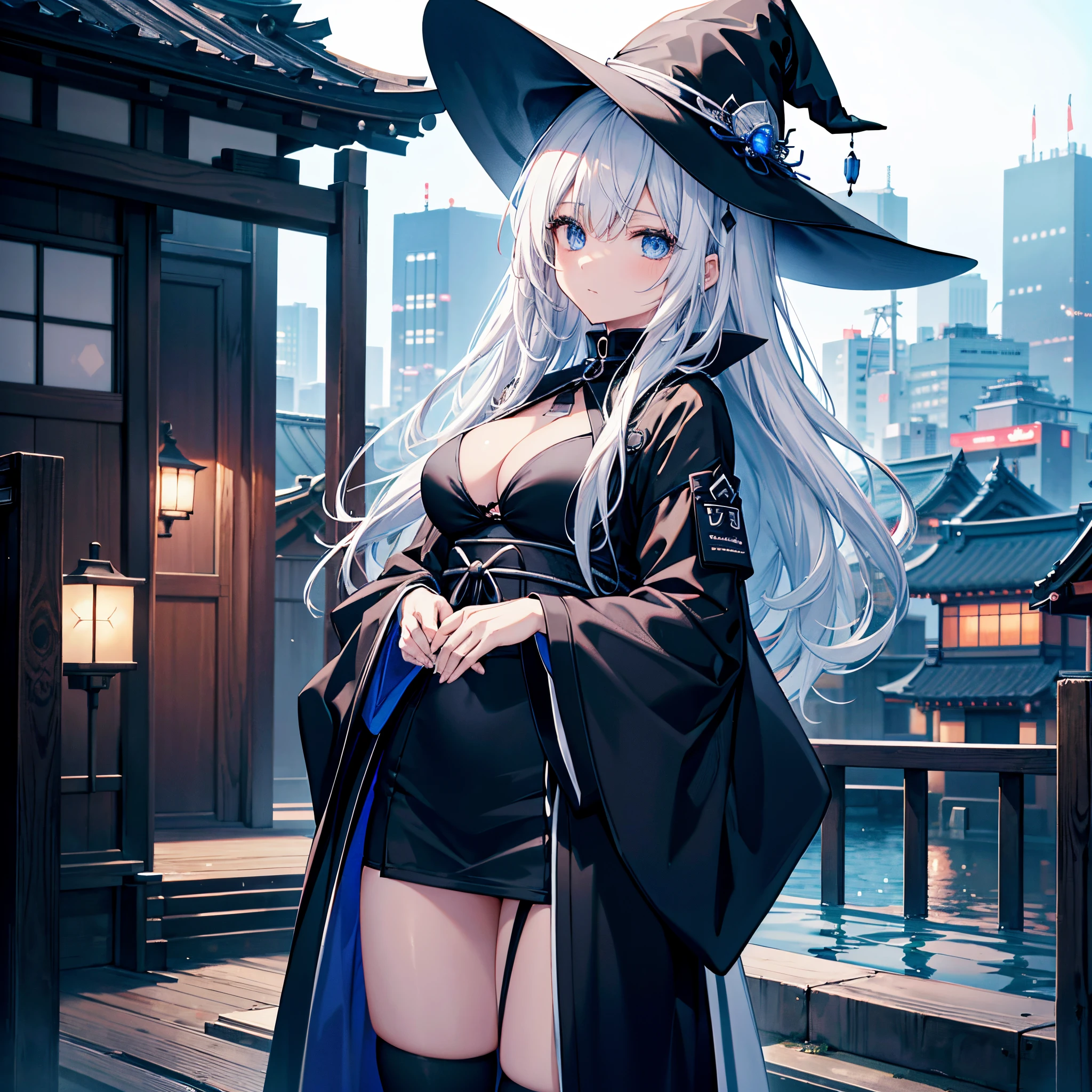 I'm on the roof of a building in Tokyo at midnight.、I can see the night view behind me、There is a night pool where you can see the night view.、two adult women holding guns、A woman with white hair wearing a large black witch hat with a sapphire accessory and a woman with dark brown hair wearing a large black witch hat with a garnet accessory、witch's hat、blue eyes、black wizard coat、White Bikini Bra、Black miniskirt、black sneakers with white laces、Black High Socks、Two-dimensional illustration、Japan Anime、drawn by Japanese ilastrator、high-level image quality、4K picture quality、High Quality、hight resolution、5 million pixels、high détails、beatiful backgrounds