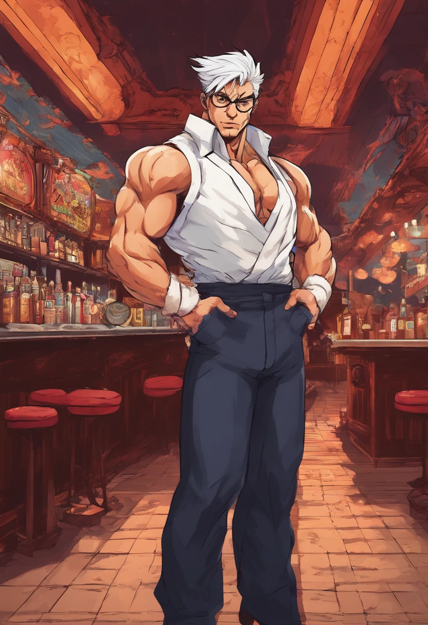 Masterpiece realistic, best high quality, perfect details, RAW Photo, intricate details, nice lighting, 4K, detailed background, big muscle, bartender minotaur, glasses, male, short hairstyle, white hair, tuxedo, behind counter, bar, smile, standing sex, stealth sex, clothe sex, sex, , invcoming