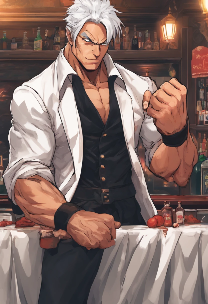 Masterpiece realistic, best high quality, perfect details, RAW Photo, intricate details, nice lighting, 4K, detailed background, big muscle, bartender minotaur, glasses, male, short hairstyle, white hair, tuxedo, behind counter, bar, smile, standing sex, stealth sex, clothe sex, sex, , invcoming