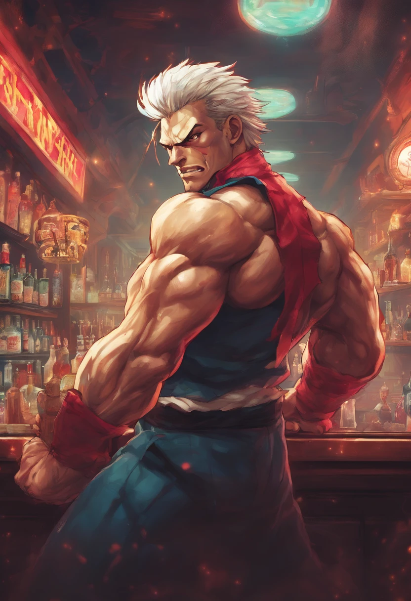 Masterpiece realistic, best high quality, perfect details, RAW Photo, intricate details, nice lighting, 4K, detailed background, big muscle, bartender minotaur, glasses, male, short hairstyle, white hair, tuxedo, behind counter, bar, smile, standing sex, stealth sex, clothe sex, sex, , invcoming