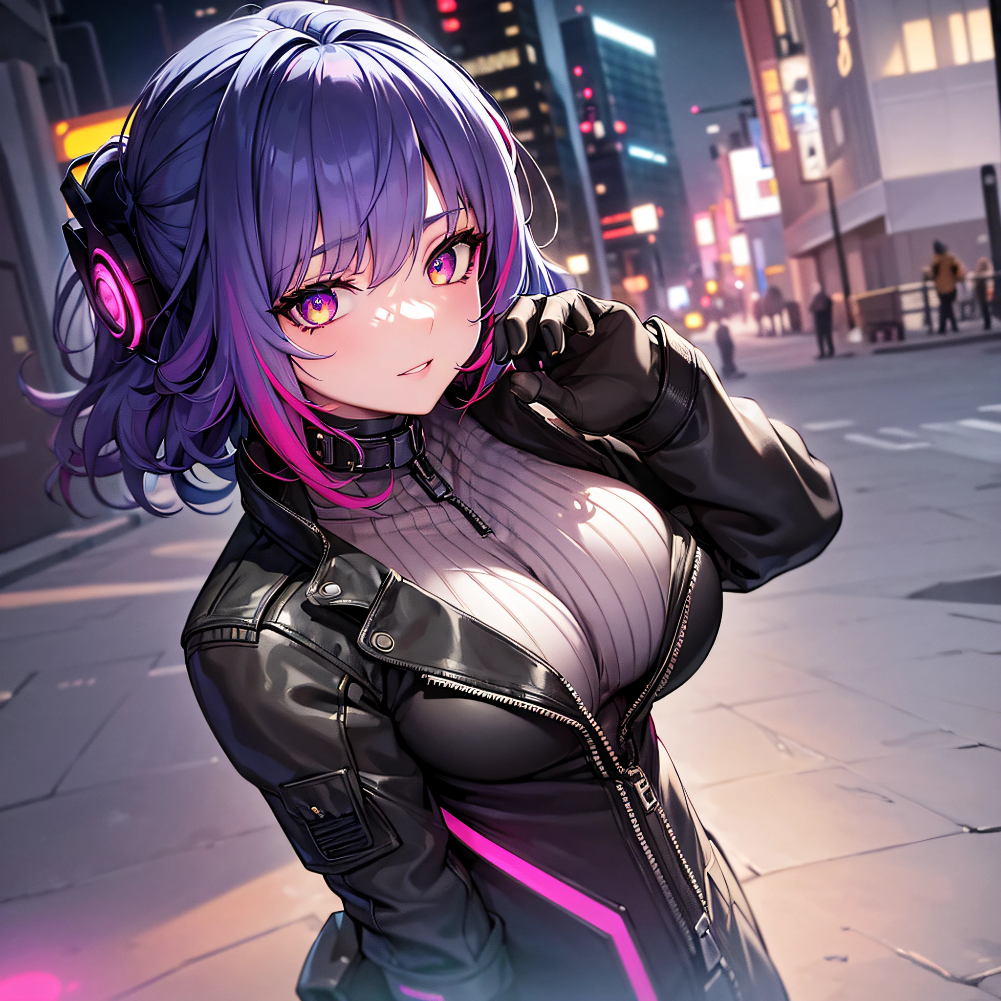 ((masterpiece)), (best quality), beautiful, extremely detailed face, perfect lighting,ultra-detailed, 8k,textured skin, beautiful detailed face, beautiful detailed eyes, ambient light, realistic shadows, beautiful detailed pupils, cute,detailed fingers,mature female,lucy \(cyberpunk\), 1girl, neon palette, science fiction, short hair, solo, close up, cyberpunk edgerunners,multicolored hair,White hair, night time , ,multicolored eyes, cyberpunk, medium breast, clothed,outdoor, cyberpunk city background,