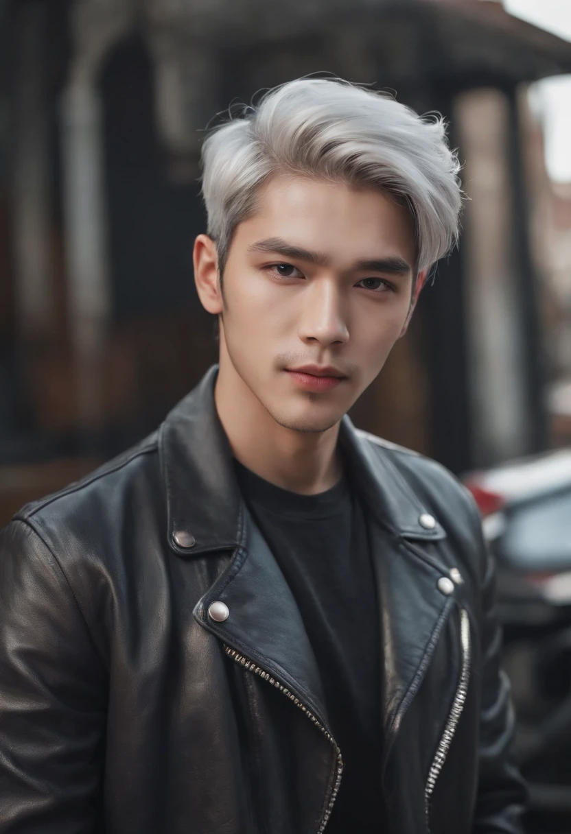 Handsome young man in a leather jacket, Wearing a cap, With silver hair, holding ice cream, Silver messy hair, Handsome, sexy and masculine beauty, some beards, Repair cars with very cool poses, Super Detailed Face, (8K, Raw photo, Photorealistic:1.25) ,( lipgloss, Eyelashes, man, gloss-face, Glossy skin, Dark skin, Darksob, Man's, Best Quality, 超A high resolution, A young man, depth of fields, chromatic abberation, Caustics, Broad lighting, Natural Shading, Kpop Idol) Watch viewers with calm and godlike happiness,