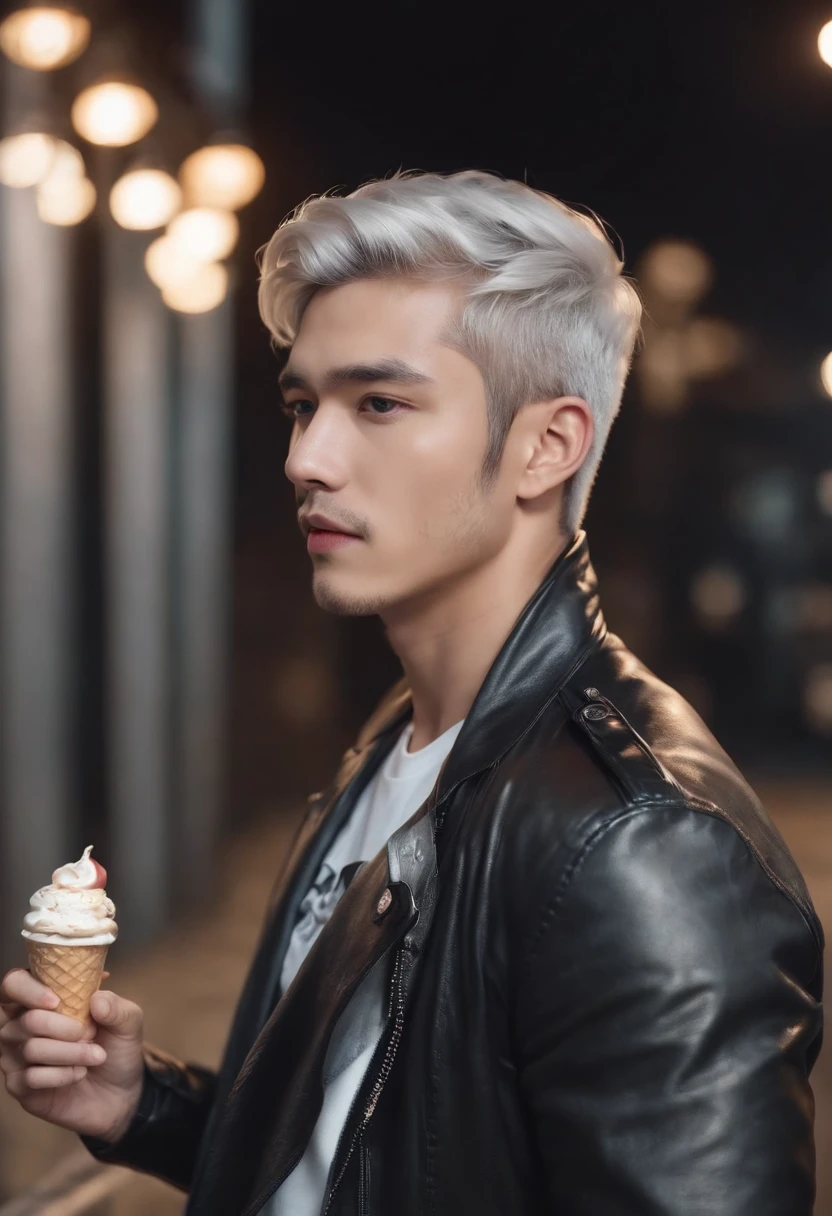 Handsome young man in a leather jacket, Wearing a cap, With silver hair, holding ice cream, Silver messy hair, Handsome, sexy and masculine beauty, some beards, Repair cars with very cool poses, Super Detailed Face, (8K, Raw photo, Photorealistic:1.25) ,( lipgloss, Eyelashes, man, gloss-face, Glossy skin, Dark skin, Darksob, Man's, Best Quality, 超A high resolution, A young man, depth of fields, chromatic abberation, Caustics, Broad lighting, Natural Shading, Kpop Idol) Watch viewers with calm and godlike happiness,