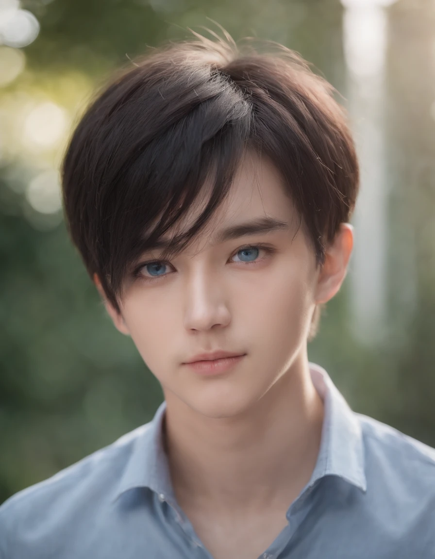 The highest image quality, masutepiece, heavy acrylic, Pen Touch, Head, Portrait, Short black hair, Blue eyes, Shirt, male , True, pupils, School, in bad, Evil, Anime, androgyny, pixiv
