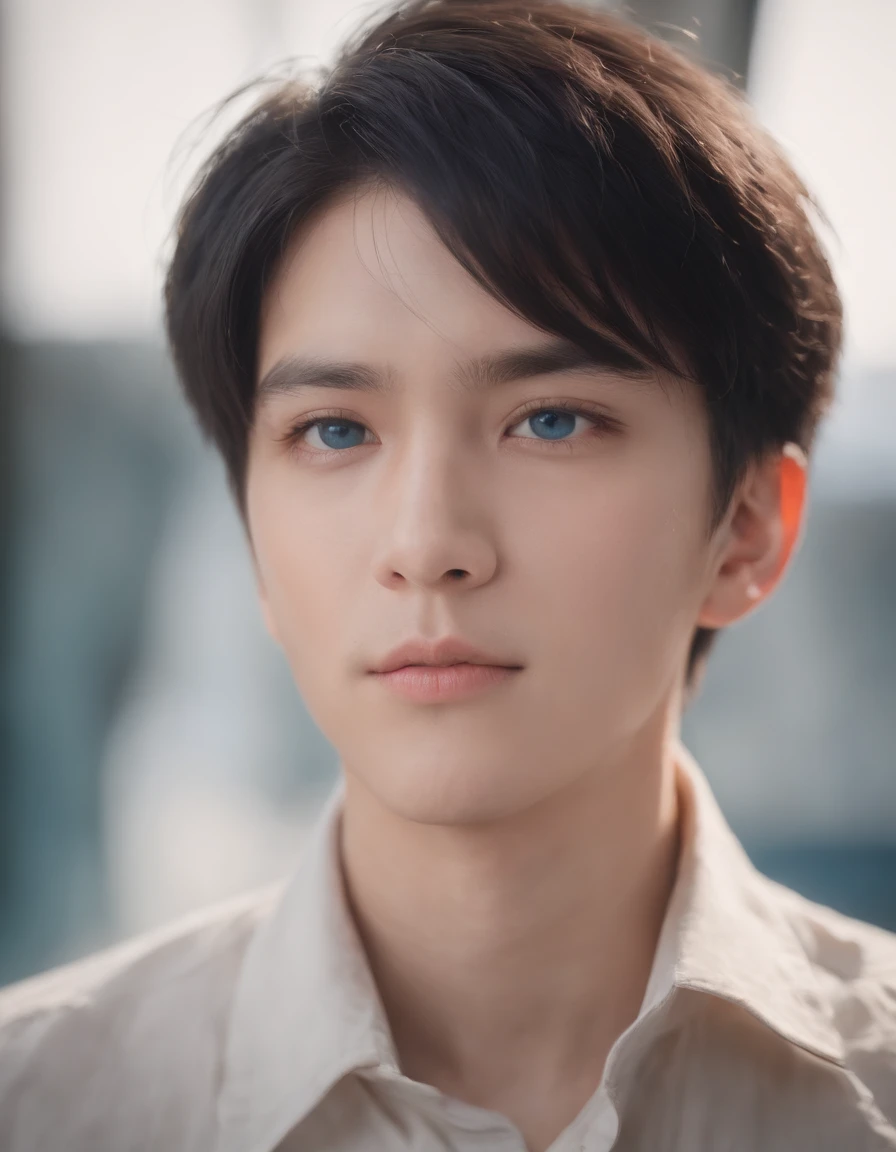 The highest image quality, masutepiece, heavy acrylic, Pen Touch, Head, Portrait, Short black hair, Blue eyes, Shirt, male teen, True, pupils, School, in bad, Evil, Anime, androgyny, pixiv