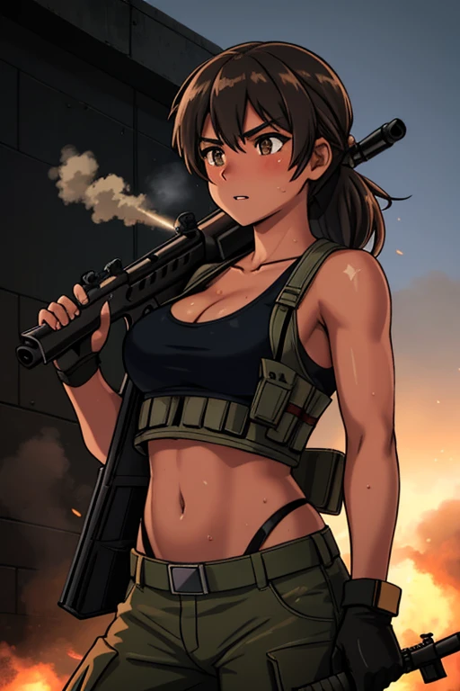 24 year old, Filipino Woman, tanned bronze skin, wearing USA marine corps uniform, fighting on the battlefield, strong muscles, world war, modern war theme, army girl, rifle, (holding a rifle: 1.3), (aiming and holding rifle: 1.3), soldier girl, infantry girl, shootout, air raid, air strike, military, camouflage uniform, burning vehicle, warzone, battlefield, war, ruins, explosion, burning city, smoke, torn tank top, belly button, gloves, torn military pants, face stained with mud and blood, sweaty skin, bloody skin, mud-stained skin, small, cleavage, expression of determination, rigorous expression, highest quality, ultra-high resolution, absurdity, realistic, physically based rendering, cinematic lighting, complex and cinematic appearance, cinematic soft light, soothing tone, battlefield background, urban war background, photorealistic, cowboy shot, dynamic angle