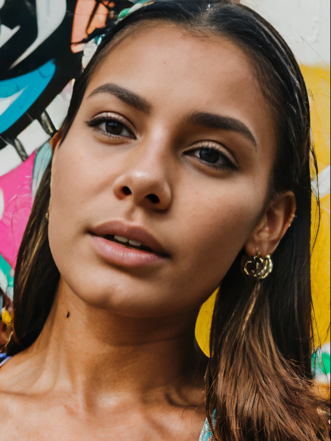 (best quality, ultra-detailed, realistic:1.37), professional, beautiful detailed eyes, beautiful detailed lips, detailed facial features, natural skin tones, perfect skin texture, delicate facial expressions, image in high resolution, (Janette), 18yo, (an Afrikaner street art enthusiast), poses in front of a vibrant graffiti mural. Her trendy urban outfit complements the colorful artwork, showcasing her appreciation for street art culture. The high-resolution image captures the intricate details of Janette's eyes, lips, and facial features, emphasizing her passion for urban art and self-expression.
