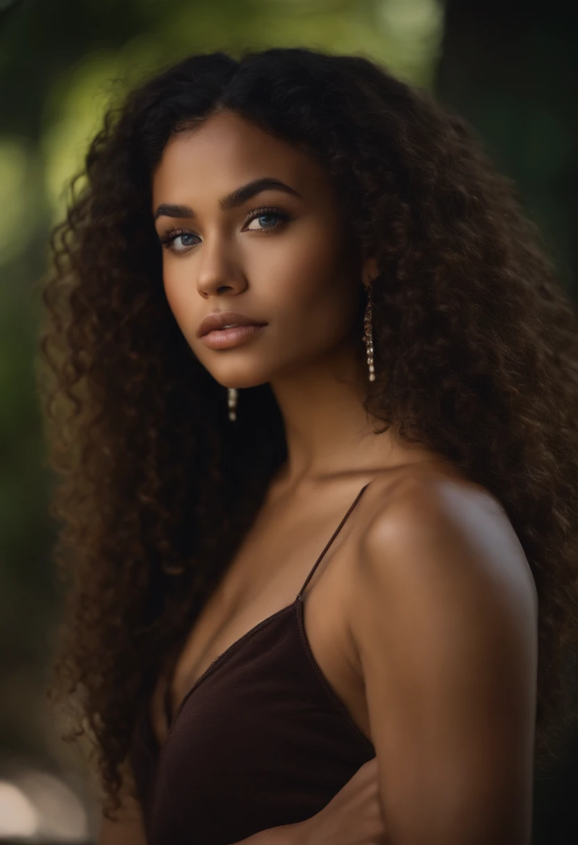 20 year old girl, curly, with mulatto skin, sexy look, has one blue eye on the left and brown on the right, realistic photo, only half-length, while she has her hand on her chin, realistic