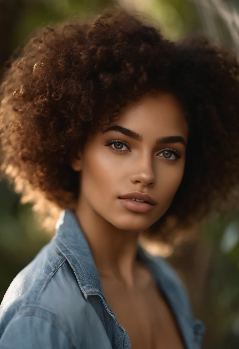20 year old girl, curly, with mulatto skin, sexy look, has one blue eye on the left and brown on the right, realistic photo, only half-length, while she has her hand on her chin, realistic