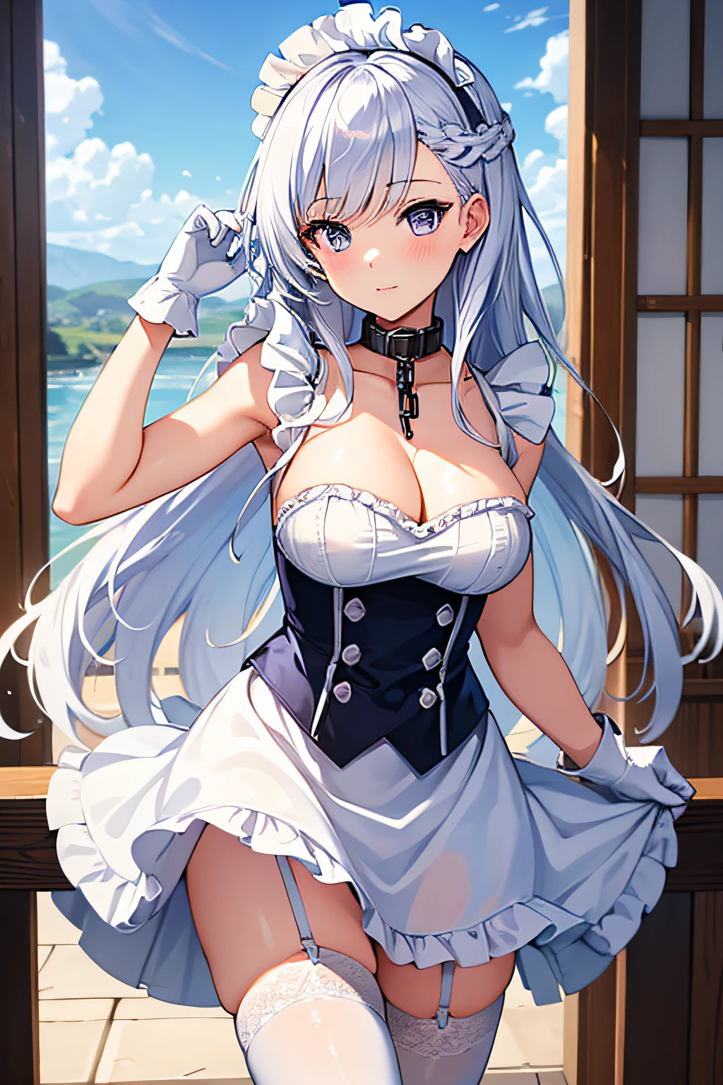 (masutepiece, Best Quality:1.2),Illustration,8K,hard disk,1girl in,Solo,very_long_hair,Large_breasts,white_hair,Bangs,cleavage,braid,Blue_Eyes,French_braid,鎖骨,Purple_Eyes,chain,Collar,Dress,frilld,maid,maid_Head dress,white_gloves,white_thighs thighs thighs thighs,maid_Apron,white_Apron,frilld_Apron,greys_hair,frilld_gloves,Blue summer sky,washing,hold the sheet in your hand,look up to,