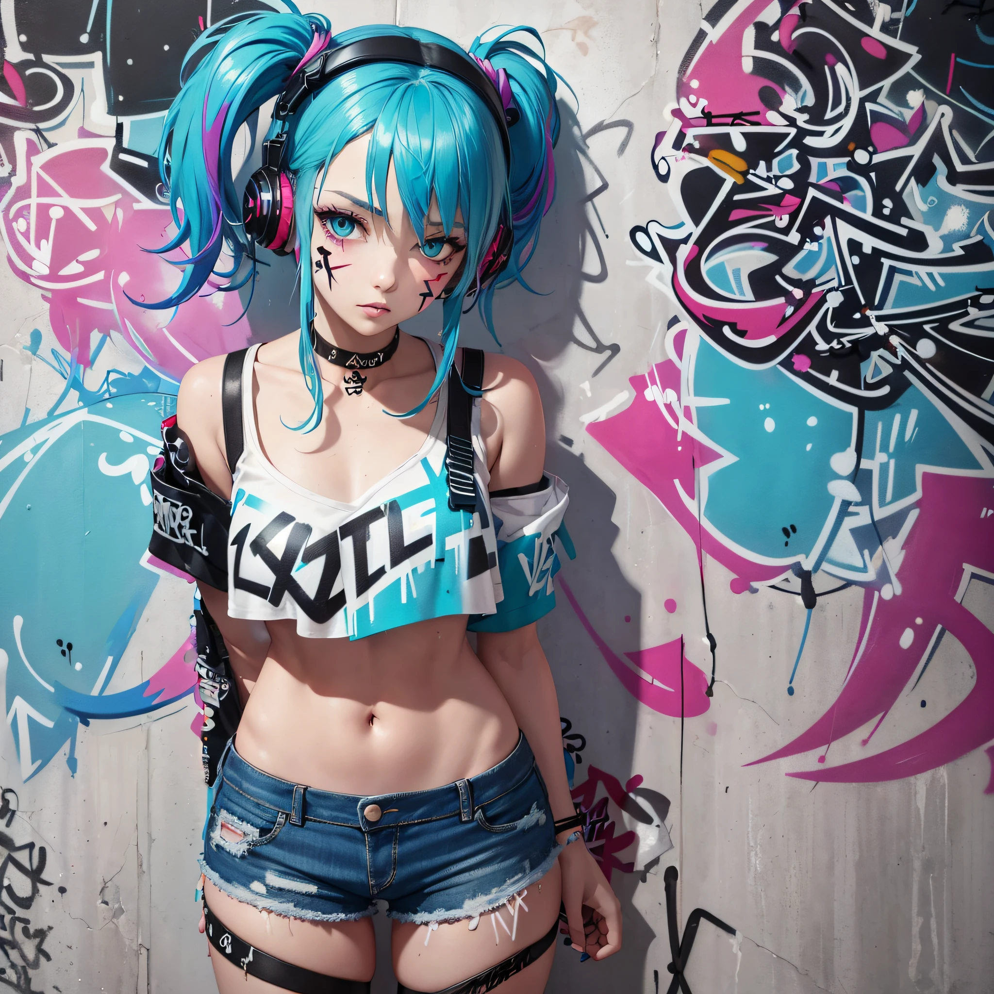 masterpiece, best quality, 1girl, solo, crop top, denim shorts, choker, (graffiti:1.5), paint splatter, arms behind back, against wall, looking at viewer, armband, thigh strap, paint on body, head tilt, bored, multicolored hair, aqua eyes, headset,