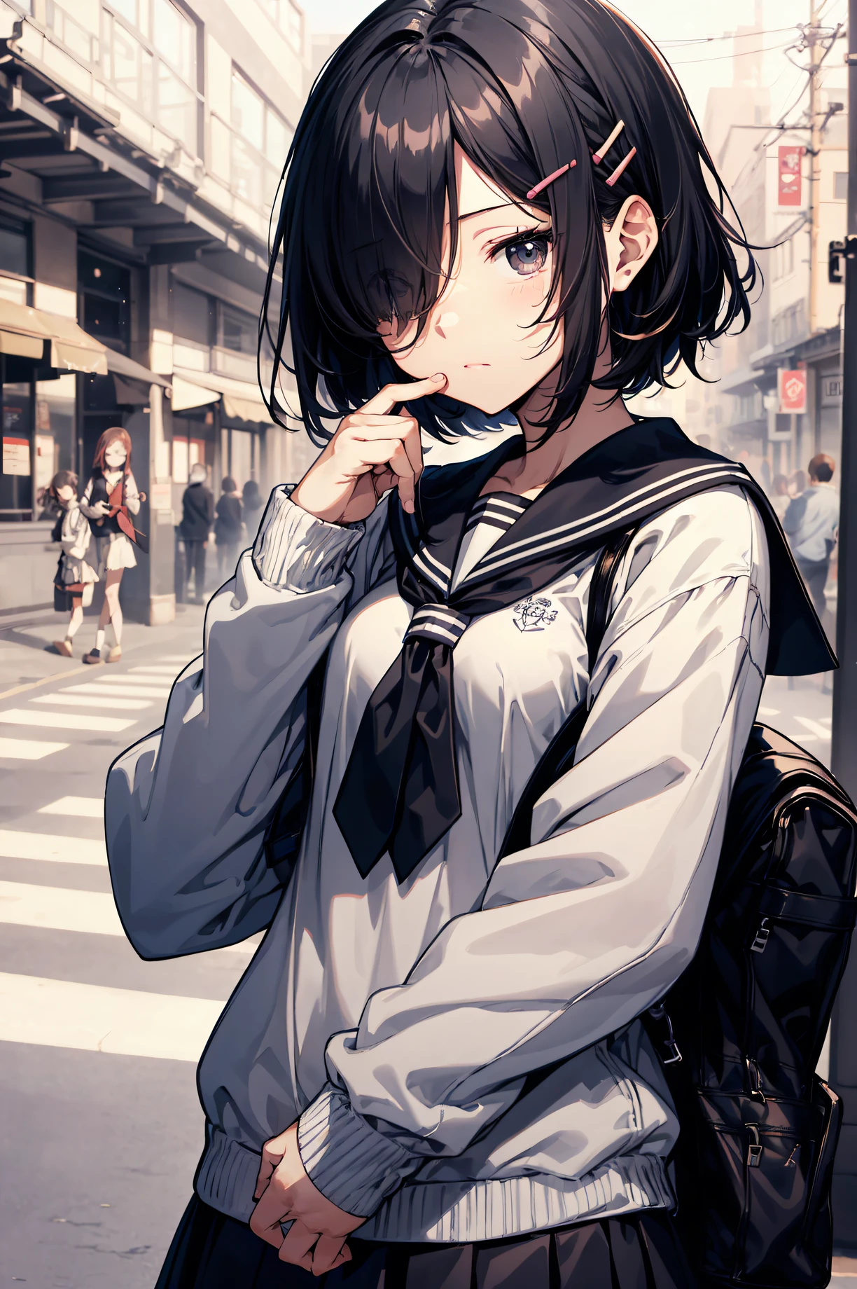 top-quality, anime moe art style,Best Anime 8K Konachan Wallpapers,Pixiv Contest Winner,Perfect Anatomy, (Draw a girl sleepily walking to school. ),BREAK, 1girl in, (Solo,Lori,,13yea:1.3),High school students, Short hair, Forehead, (Hair over one eye:1.4),Full limbs, complete fingers,medium breasts, groin, Small eyes,Precise black eyes, hair clips, Sailor Uniform, On the way to school. BREAK,Ultra-detailed,High resolution,super detailed skin, Professional Lighting,8k eye details, (Cute illustration:1.2),