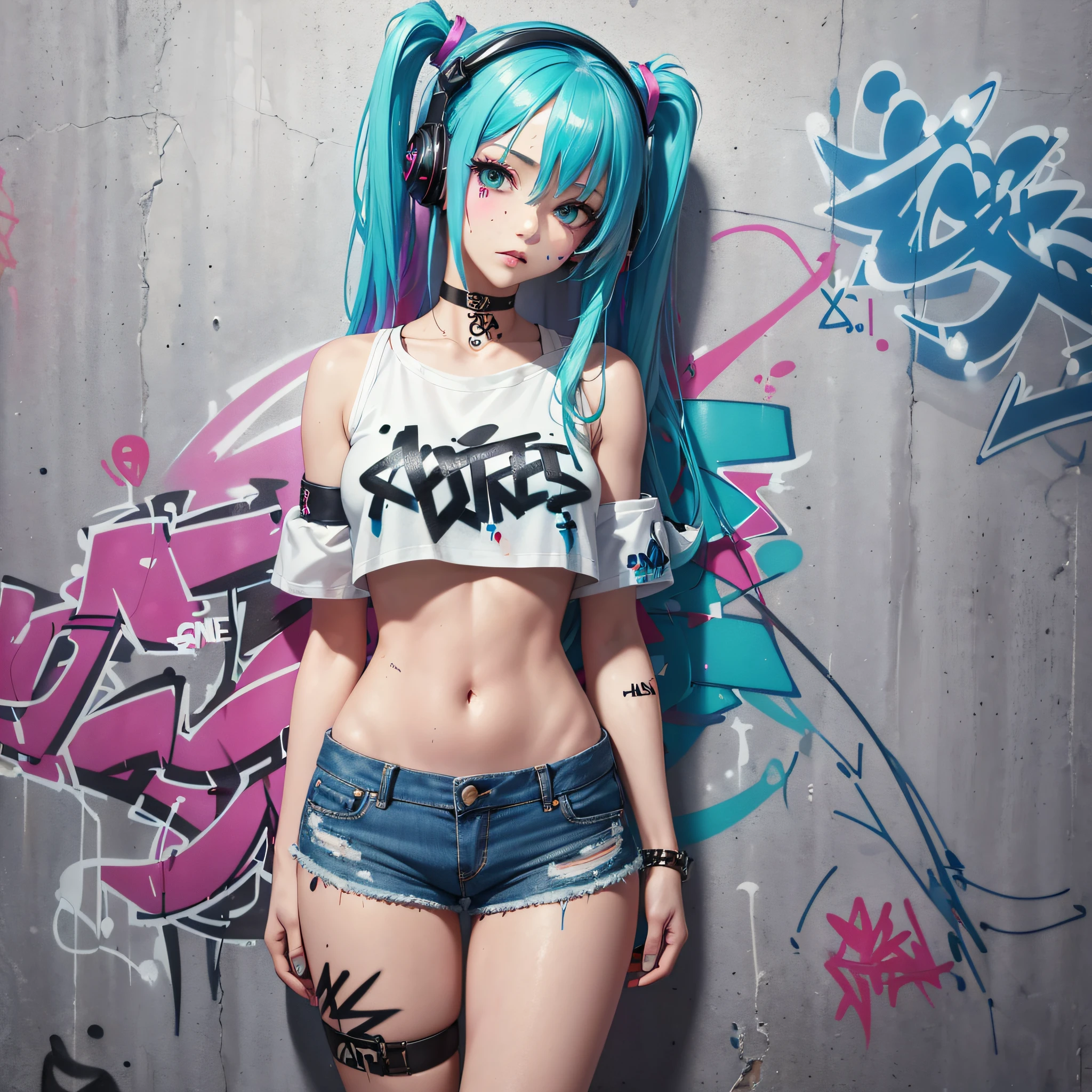 masterpiece, best quality, 1girl, solo, crop top, denim shorts, choker, (graffiti:1.5), paint splatter, arms behind back, against wall, looking at viewer, armband, thigh strap, paint on body, head tilt, bored, multicolored hair, aqua eyes, headset,