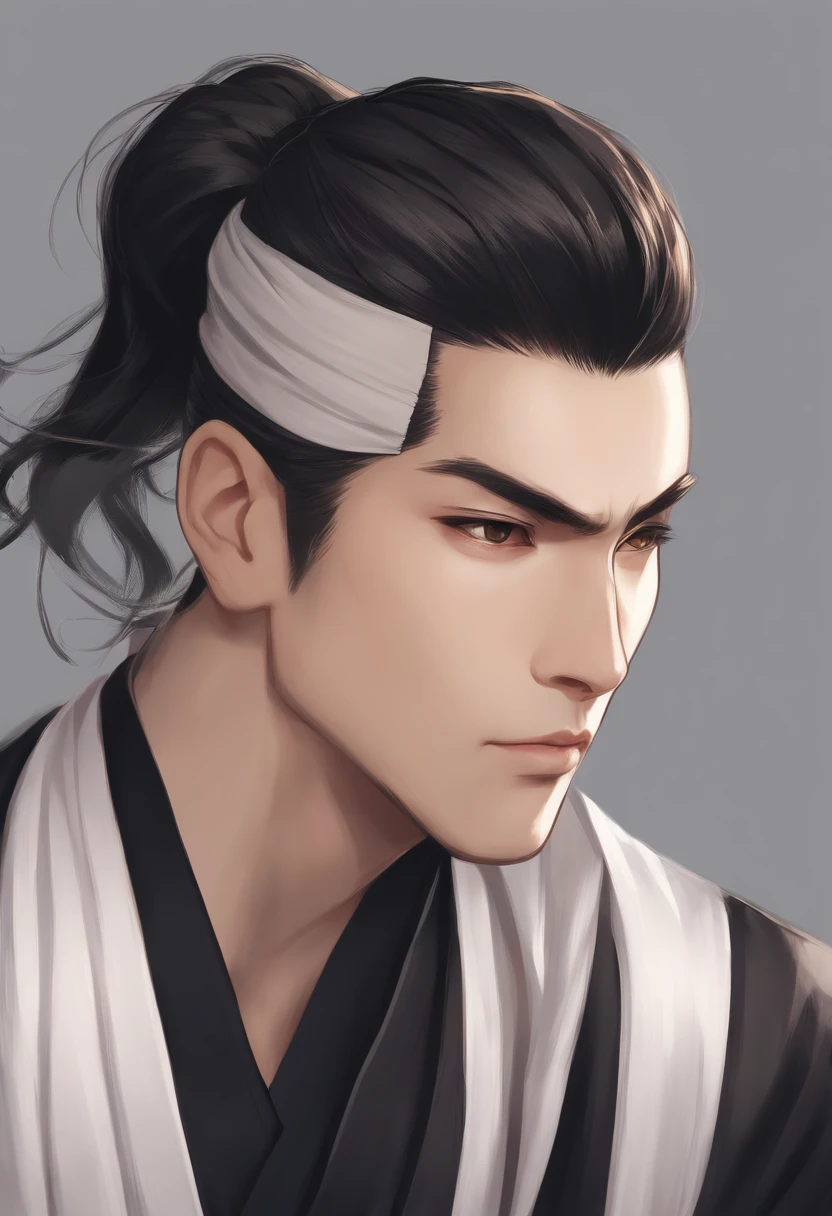 1man; 20 years; Portrait of a Japan man; black hair tied up in a bun; Akame; Black clothe; Close-up Lost; Serious expression, black bun hair; simple white back ground; anime styled; Black clothe; black colored clothes; portrait of the man; uth; No beard; 8K resolution