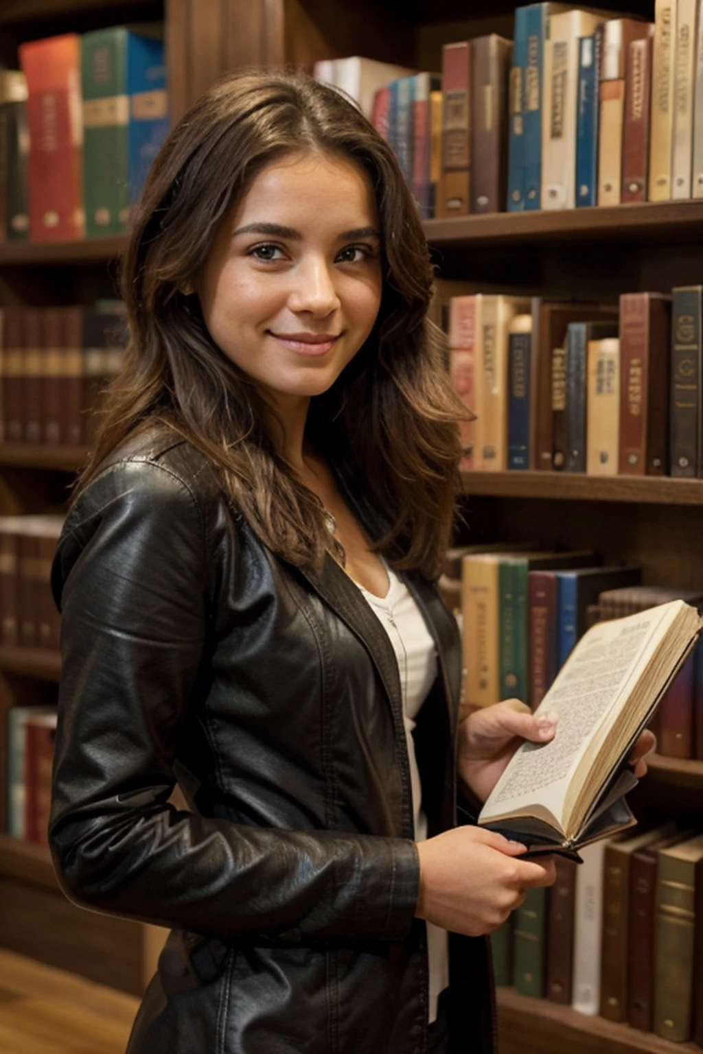 "Imagina a Marta, a 30 year old brunette woman, with warm skin that highlights his Latin heritage. Su cabello, rizado y exuberante, cae en cascada sobre sus hombros en un tono chocolate que enmarca su rostro de facciones definidas. Curls delicately frame her face as she lights up with a smile that reveals her contagious energy....

Marta chooses an elegant dress for the bibliographic event, a fusion of modernity and classicism, que resalta su figura sin ser ostentoso. Its style reflects a unique combination of comfort and sophistication., con detalles que capturan la esencia de su personalidad creativa y curiosa.

Carry a small leather wallet., desgastado por el tiempo pero cuidado con amor, where he keeps a notebook and a pen, herramientas esenciales para una mente siempre inquisitiva. Sus ojos, profundos y avellana, They express an innate love of literature and a spark of anticipation for the inspiration you hope to discover at the event....

Mientras caminaba entre los estantes de libros, su presencia tranquila pero segura destaca en la multitud. Participa activamente en las discusiones, Provide unique perspectives and show a deep understanding of literary diversity.. Su risa, vibrante y sincera, resuena en el espacio, leaving a lasting mark on those who have the pleasure of meeting each other at this bibliographic event."